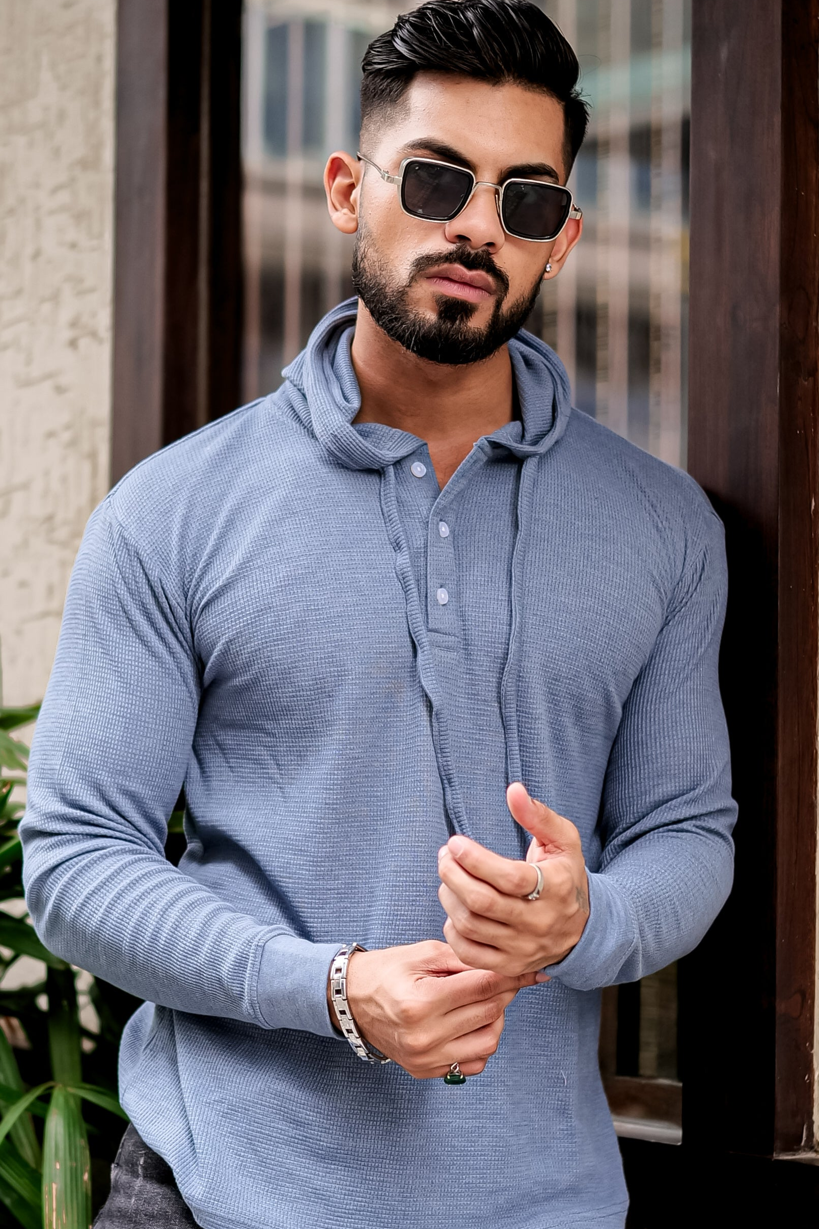 Blue Waffle Placket Hooded T-Shirt