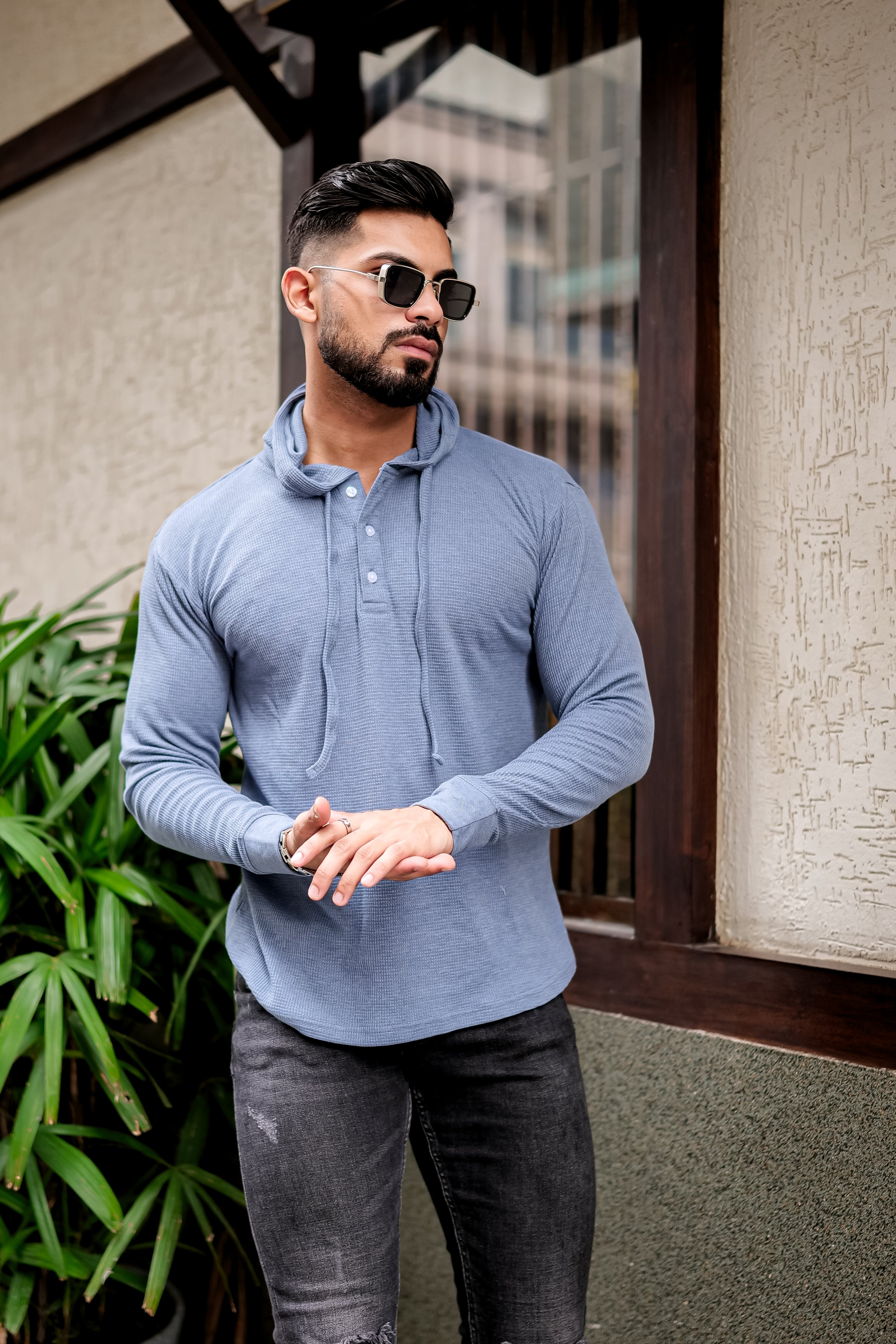 Blue Waffle Placket Hooded T-Shirt