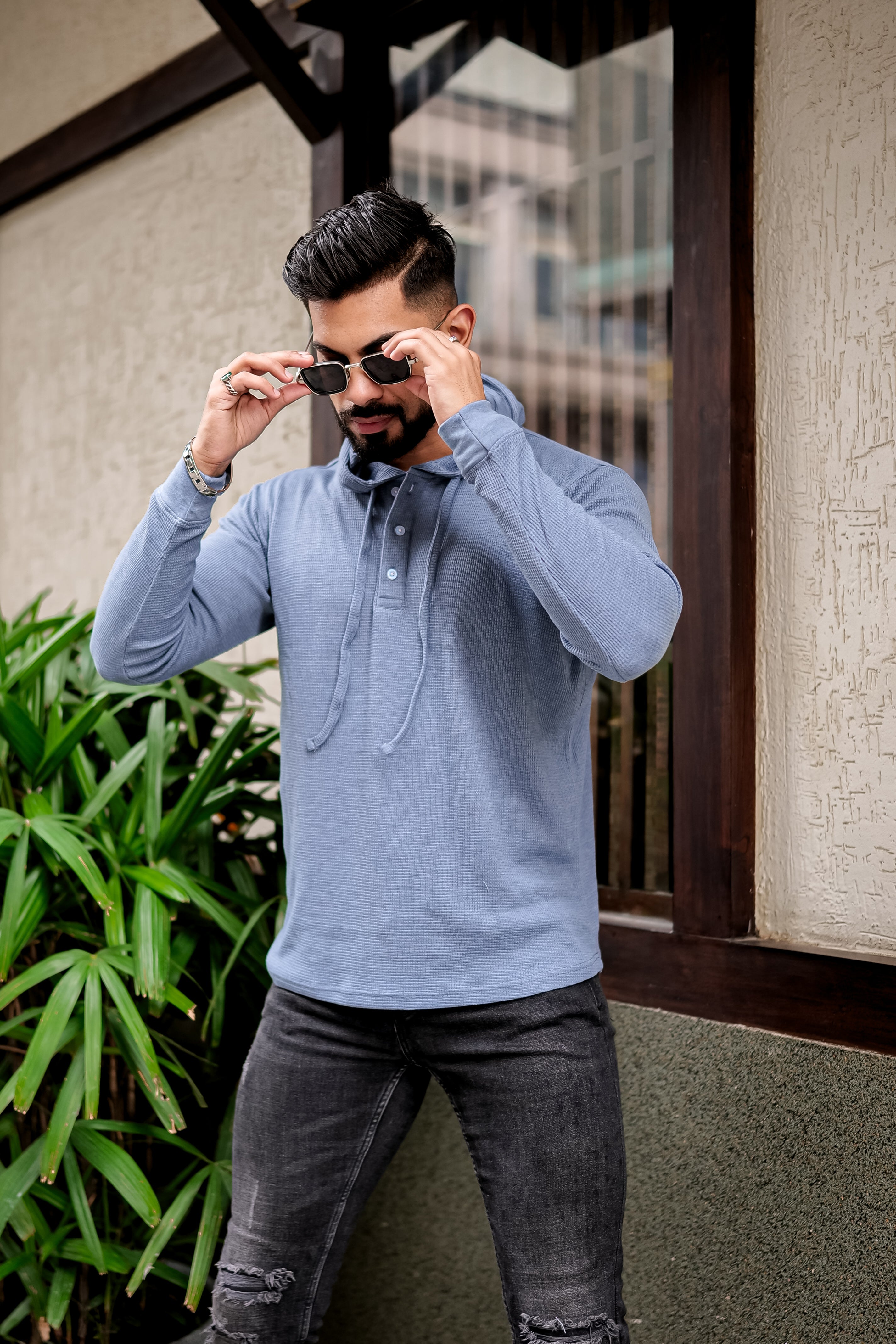 Blue Waffle Placket Hooded T-Shirt