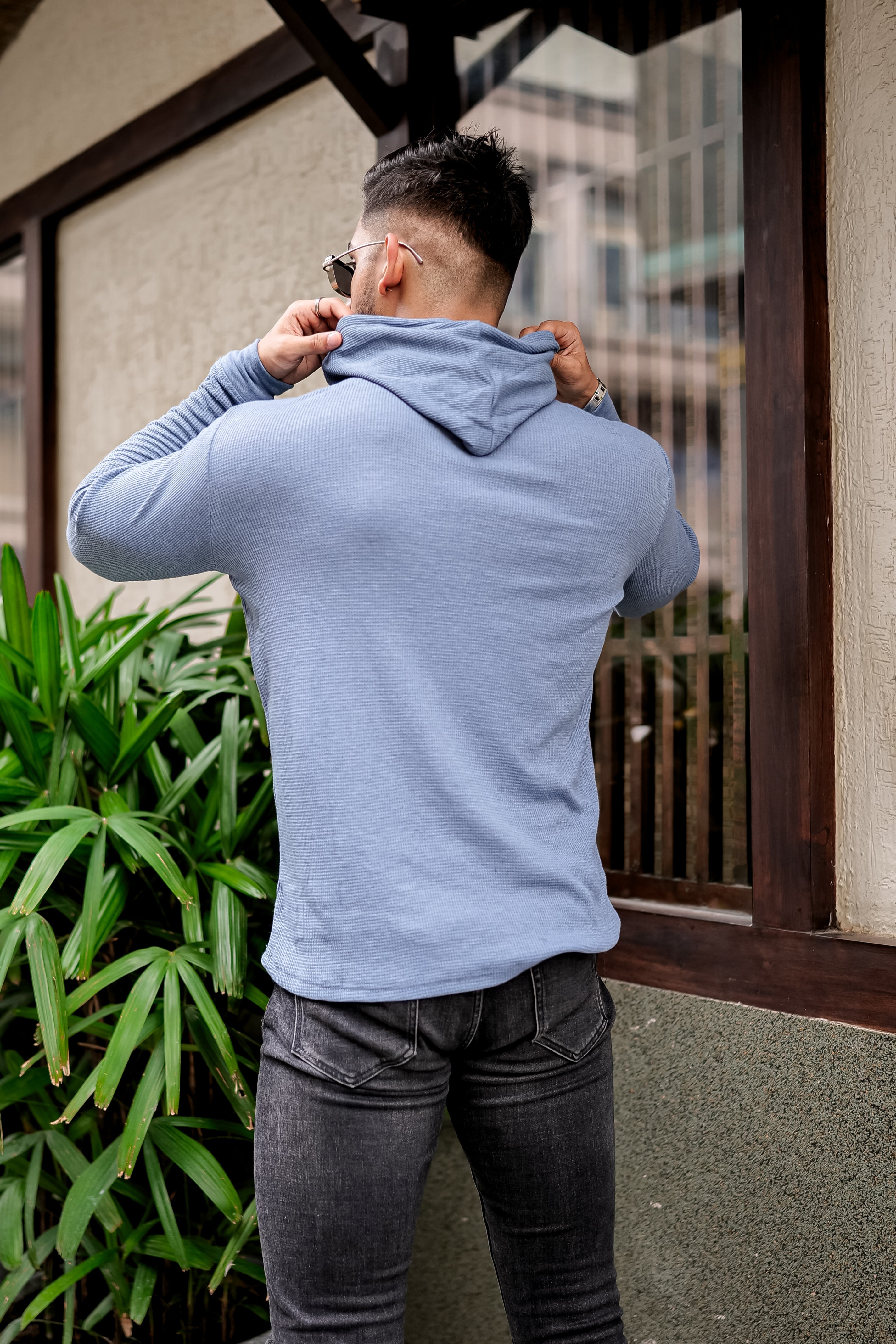 Blue Waffle Placket Hooded T-Shirt