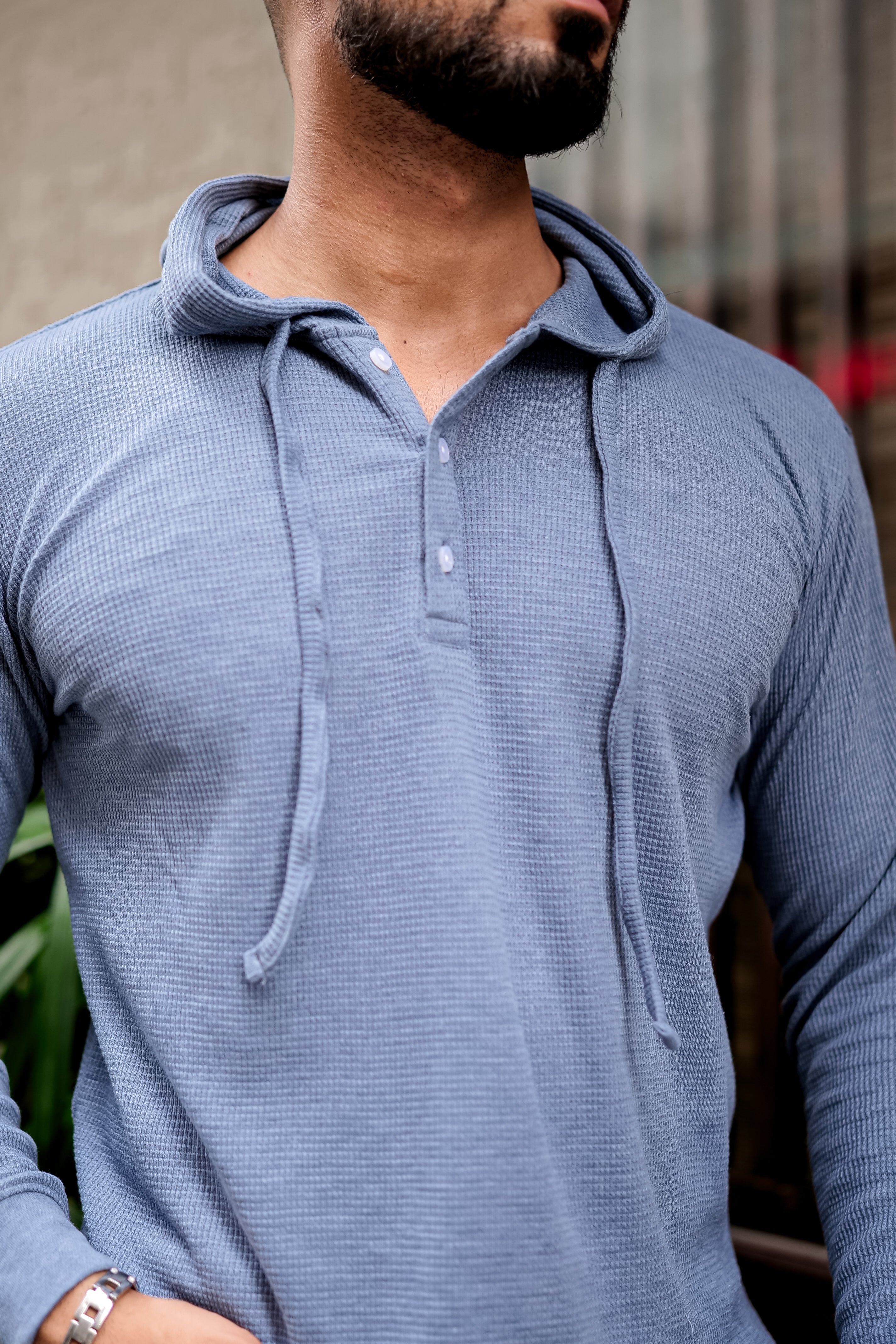 Blue Waffle Placket Hooded T-Shirt