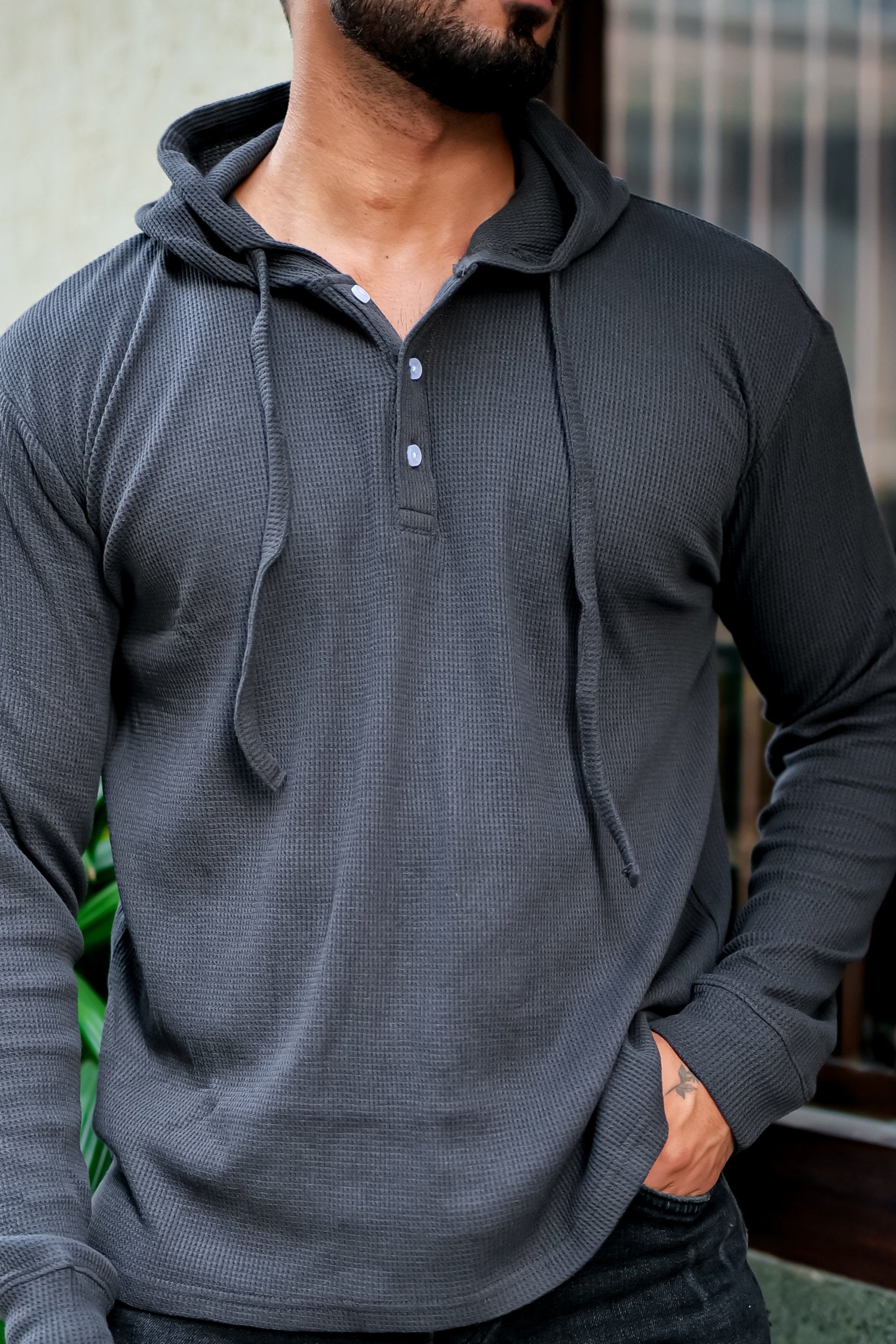 Dark Grey Waffle Placket Hooded T Shirt Gritstones