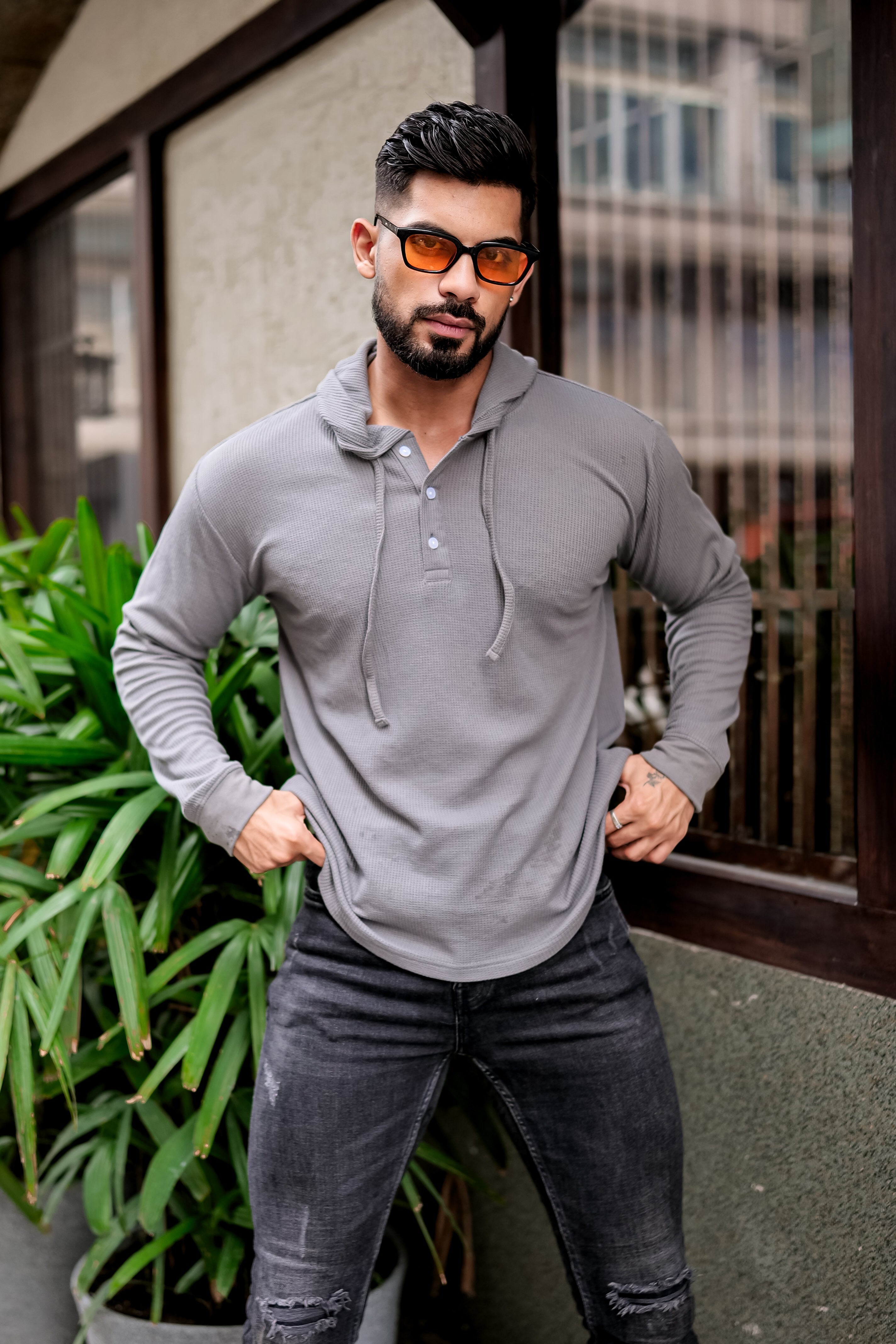 Grey Waffle Placket Hooded T-Shirt