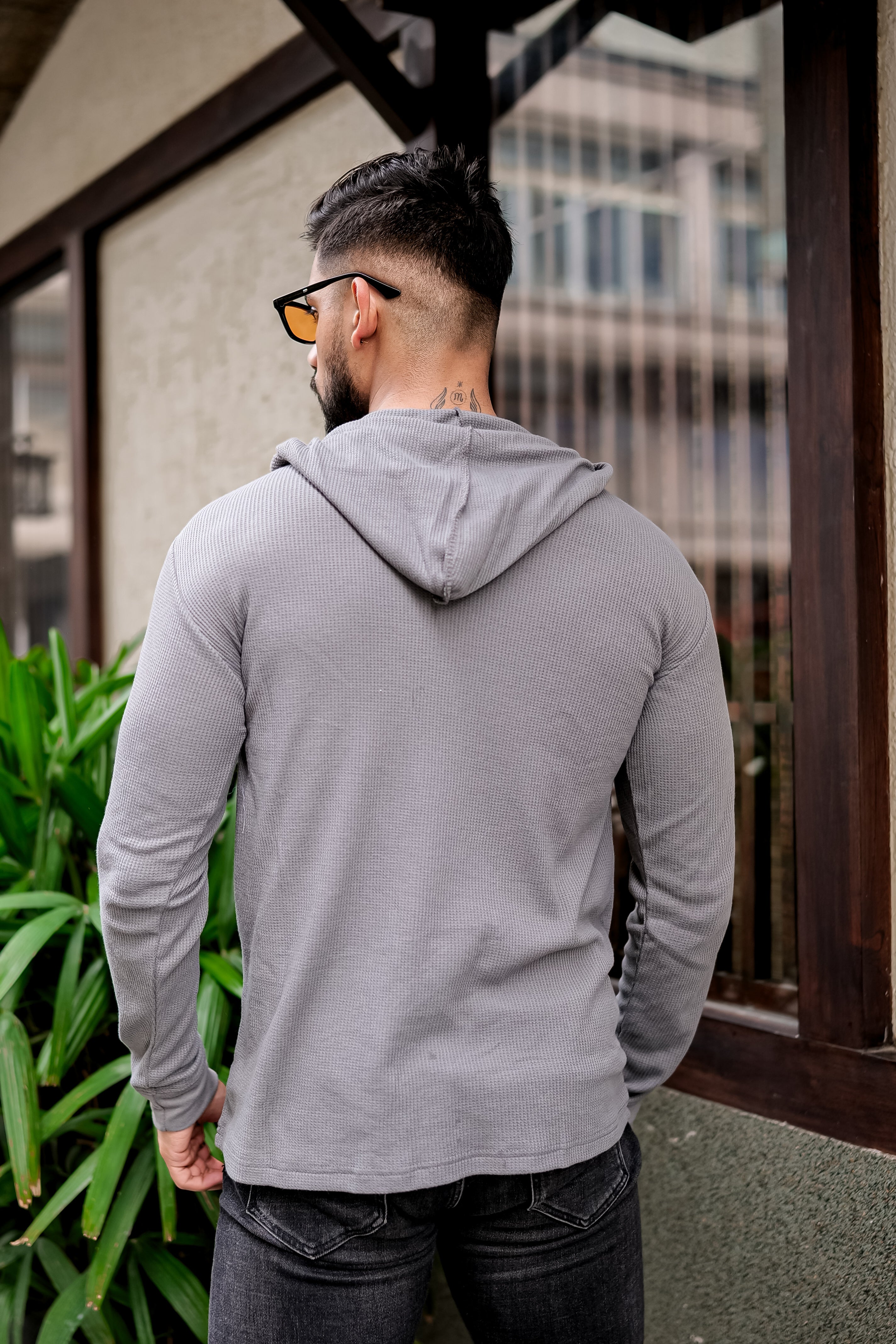 Grey Waffle Placket Hooded T-Shirt