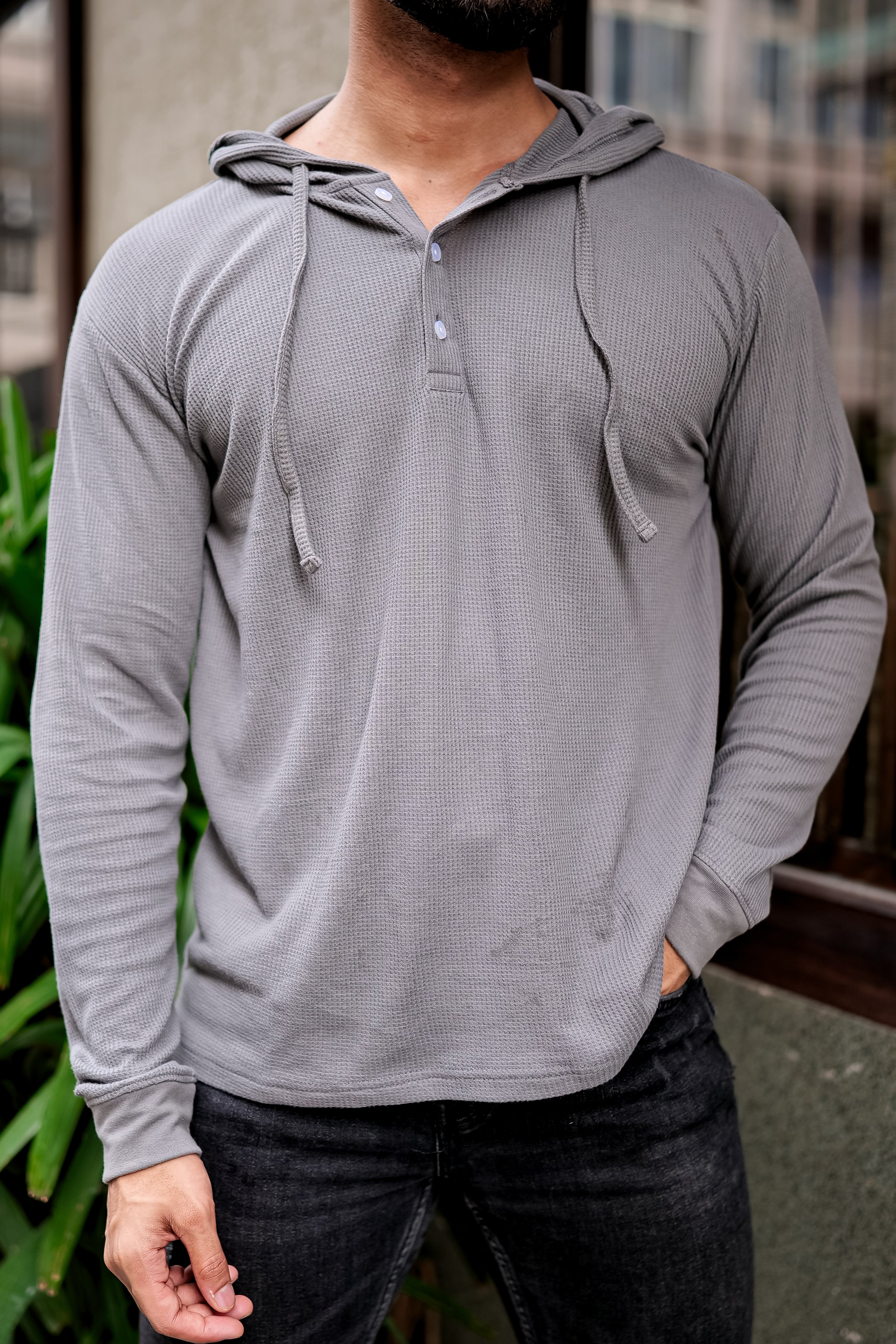 Grey Waffle Placket Hooded T-Shirt