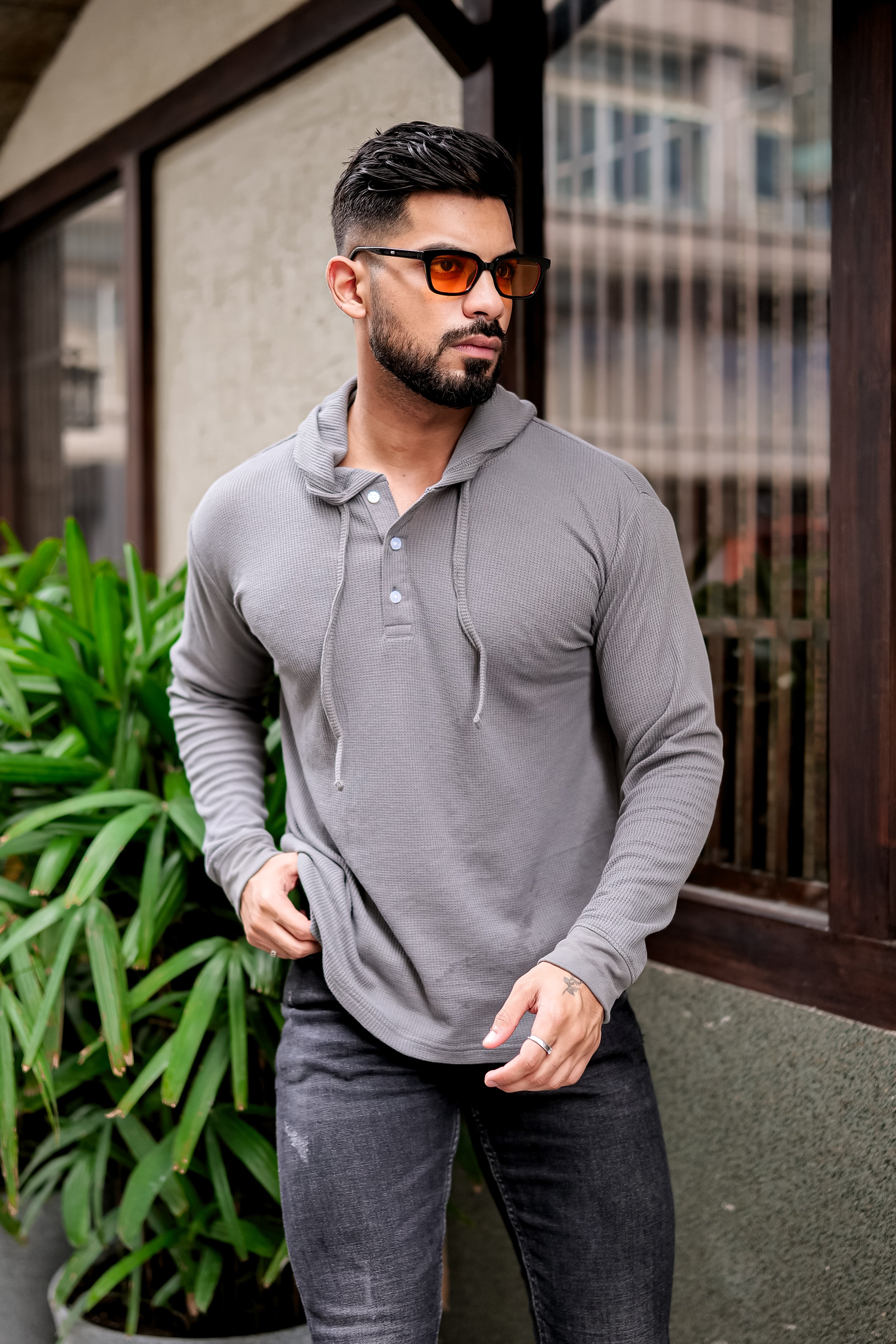Grey Waffle Placket Hooded T-Shirt