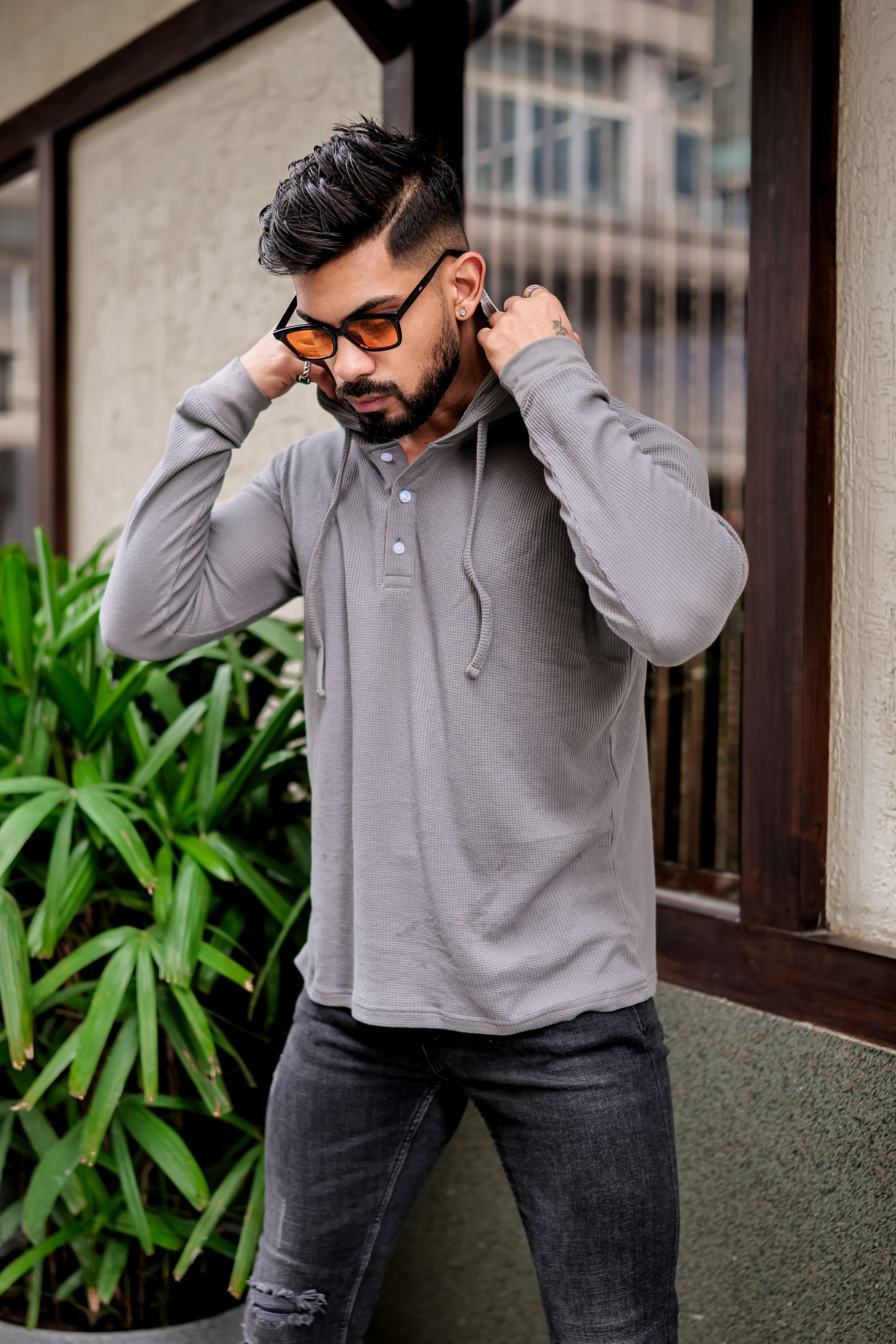 Grey Waffle Placket Hooded T-Shirt