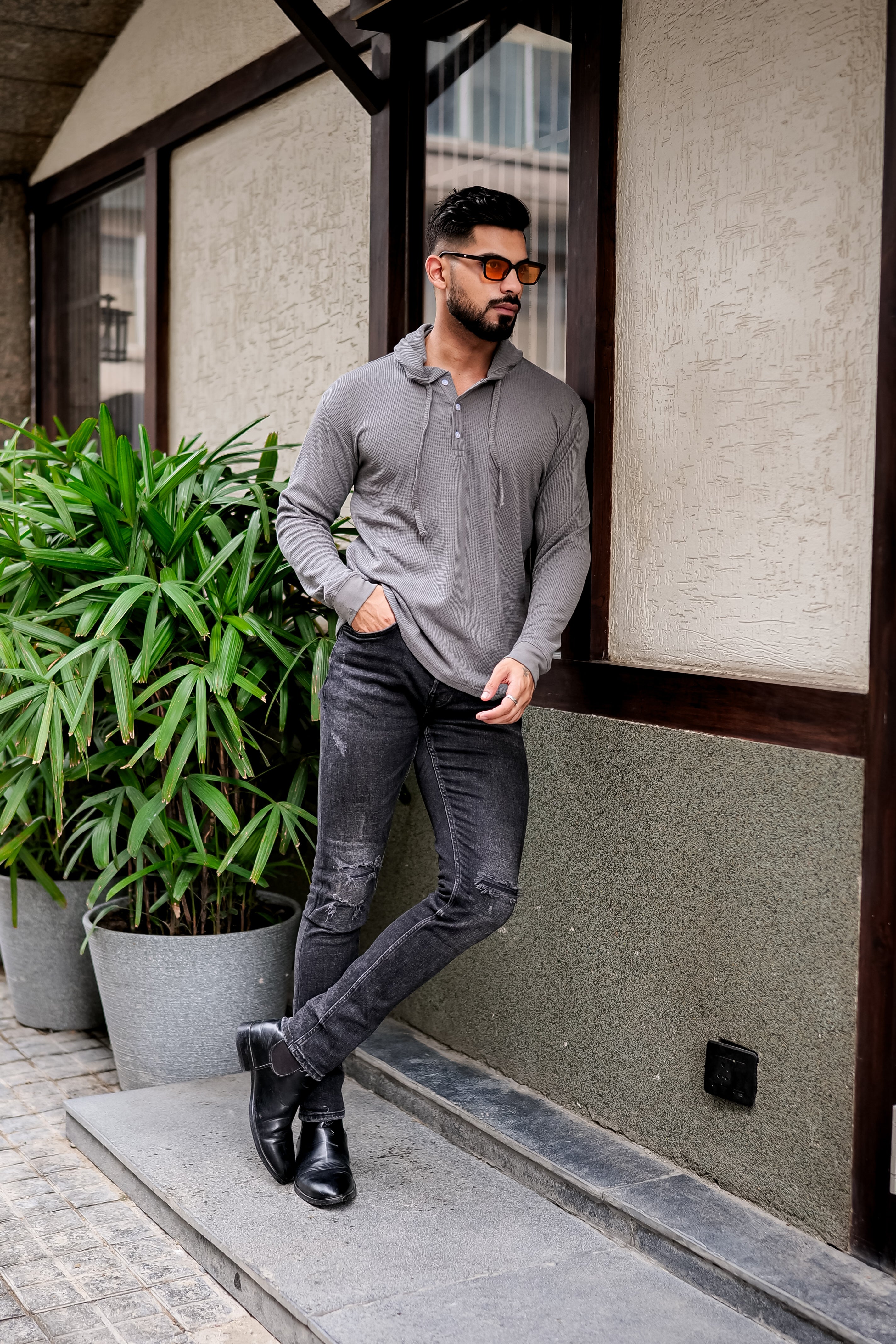 Grey Waffle Placket Hooded T-Shirt