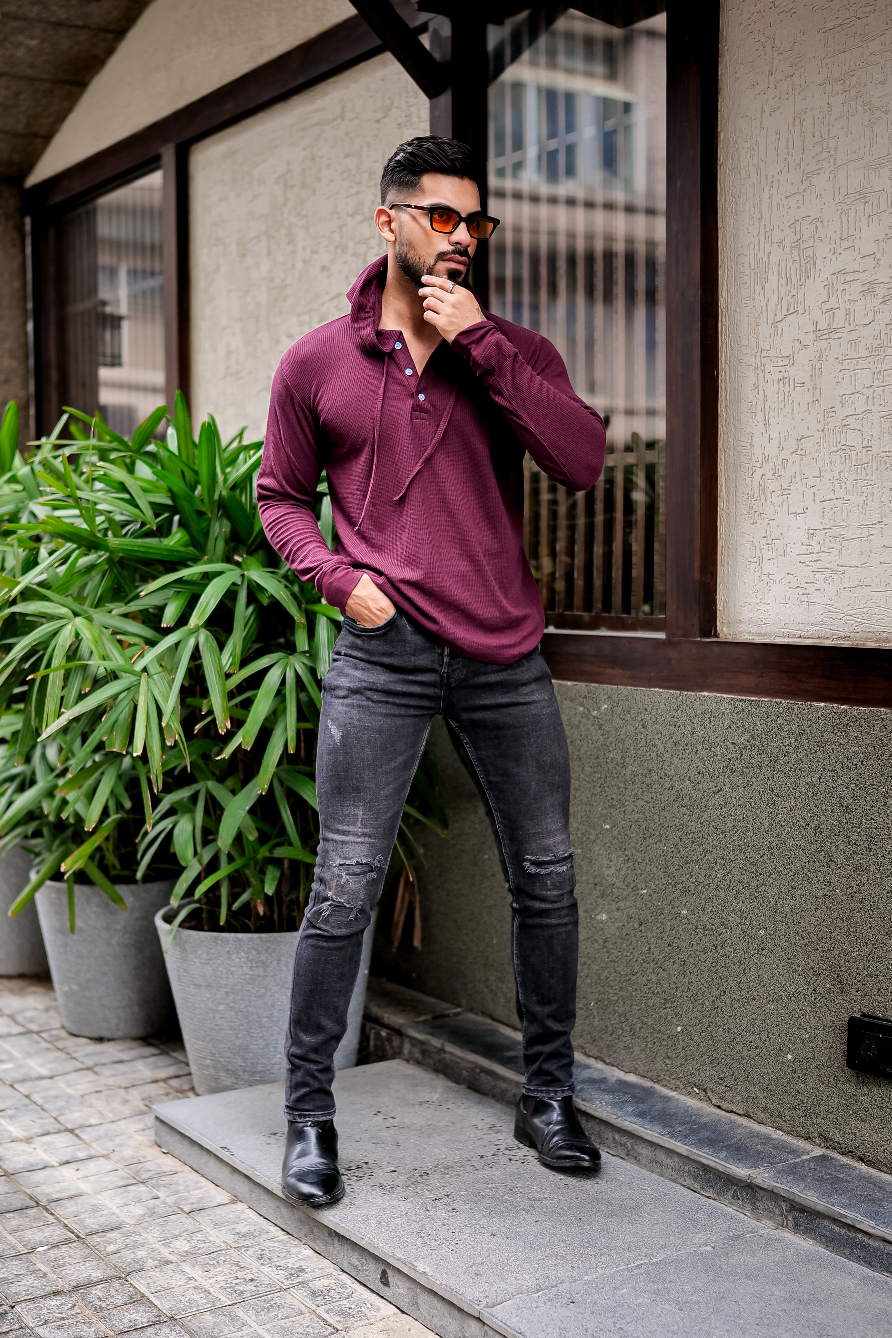 Wine Waffle Placket Hooded T-Shirt