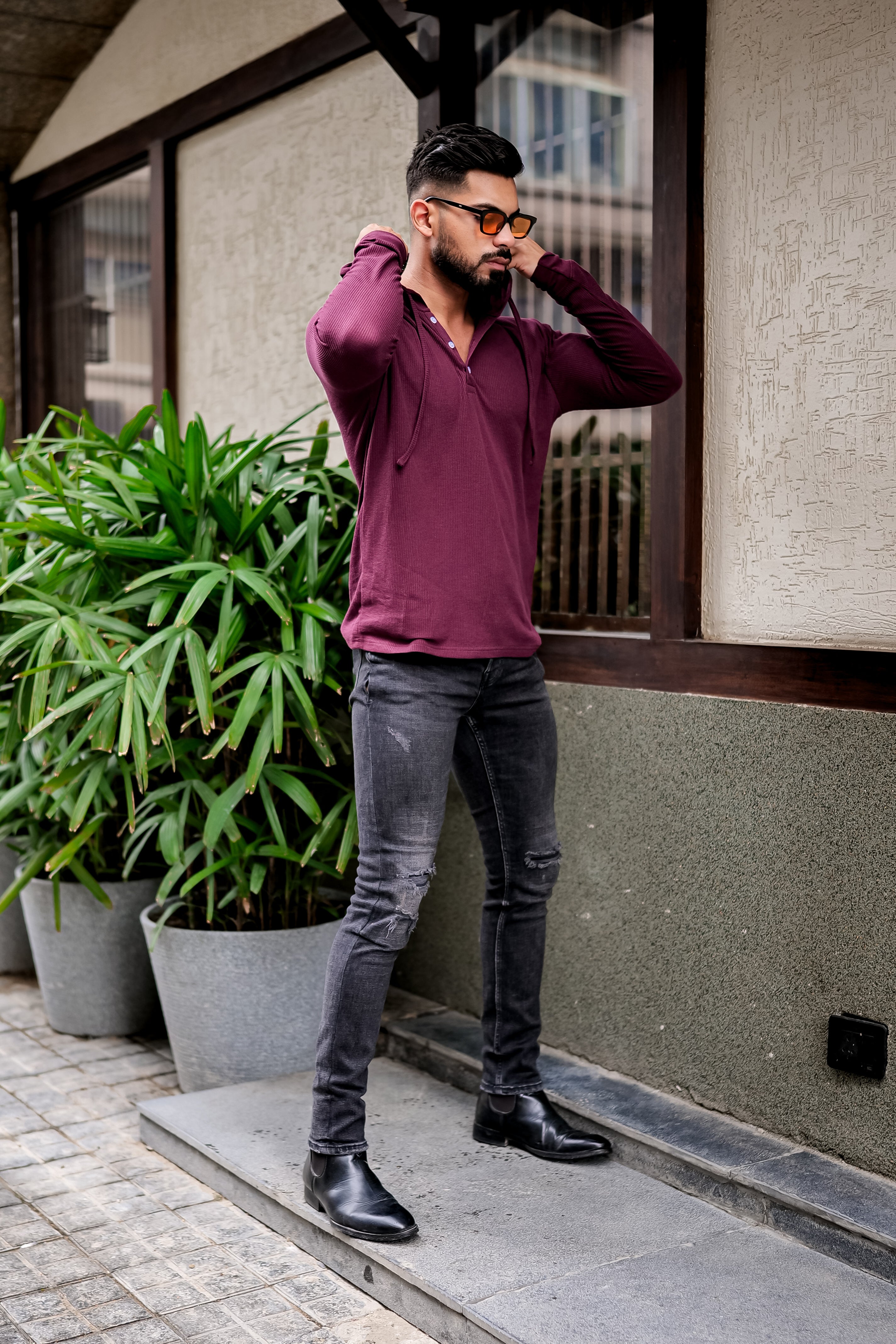 Wine Waffle Placket Hooded T-Shirt
