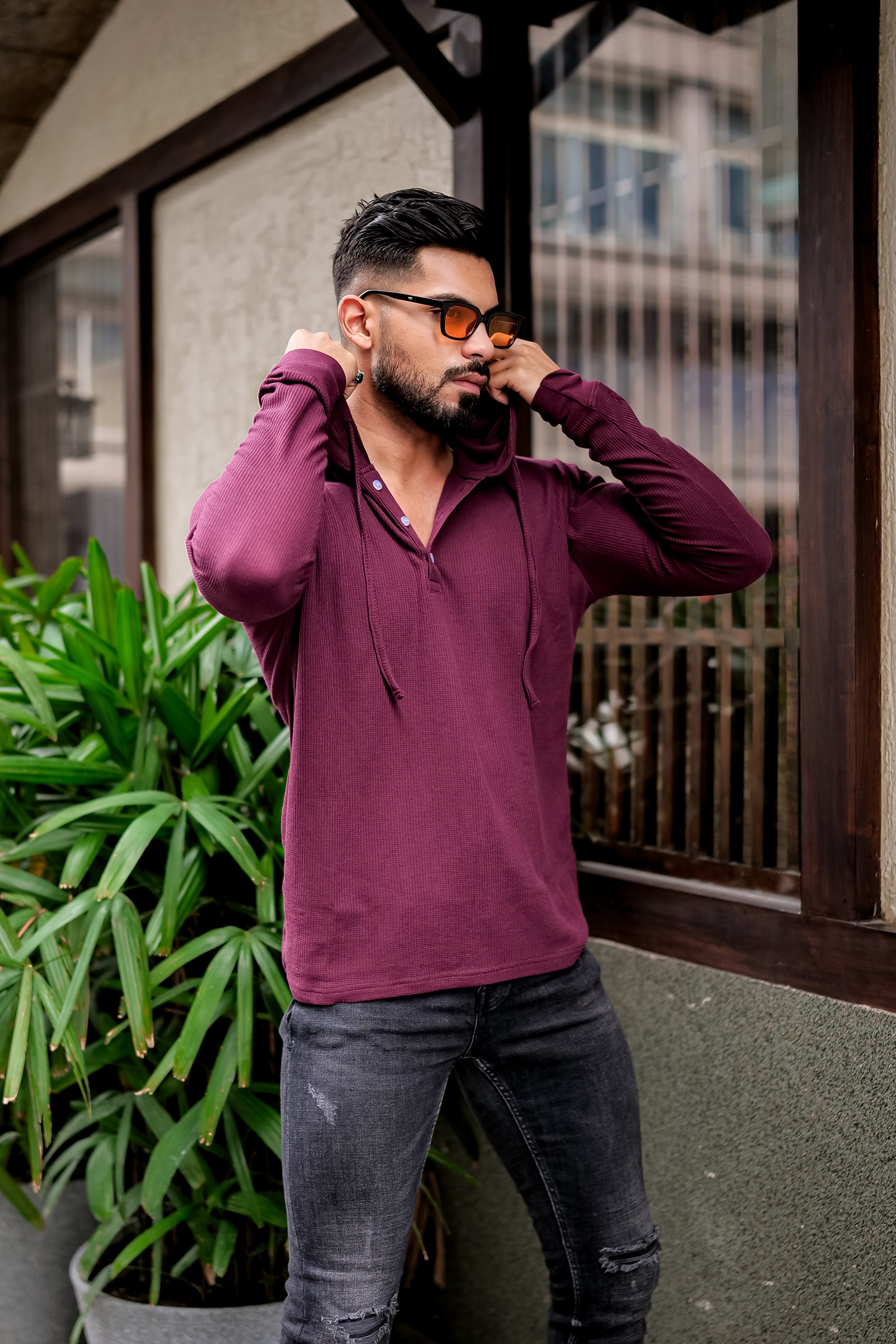 Wine Waffle Placket Hooded T-Shirt