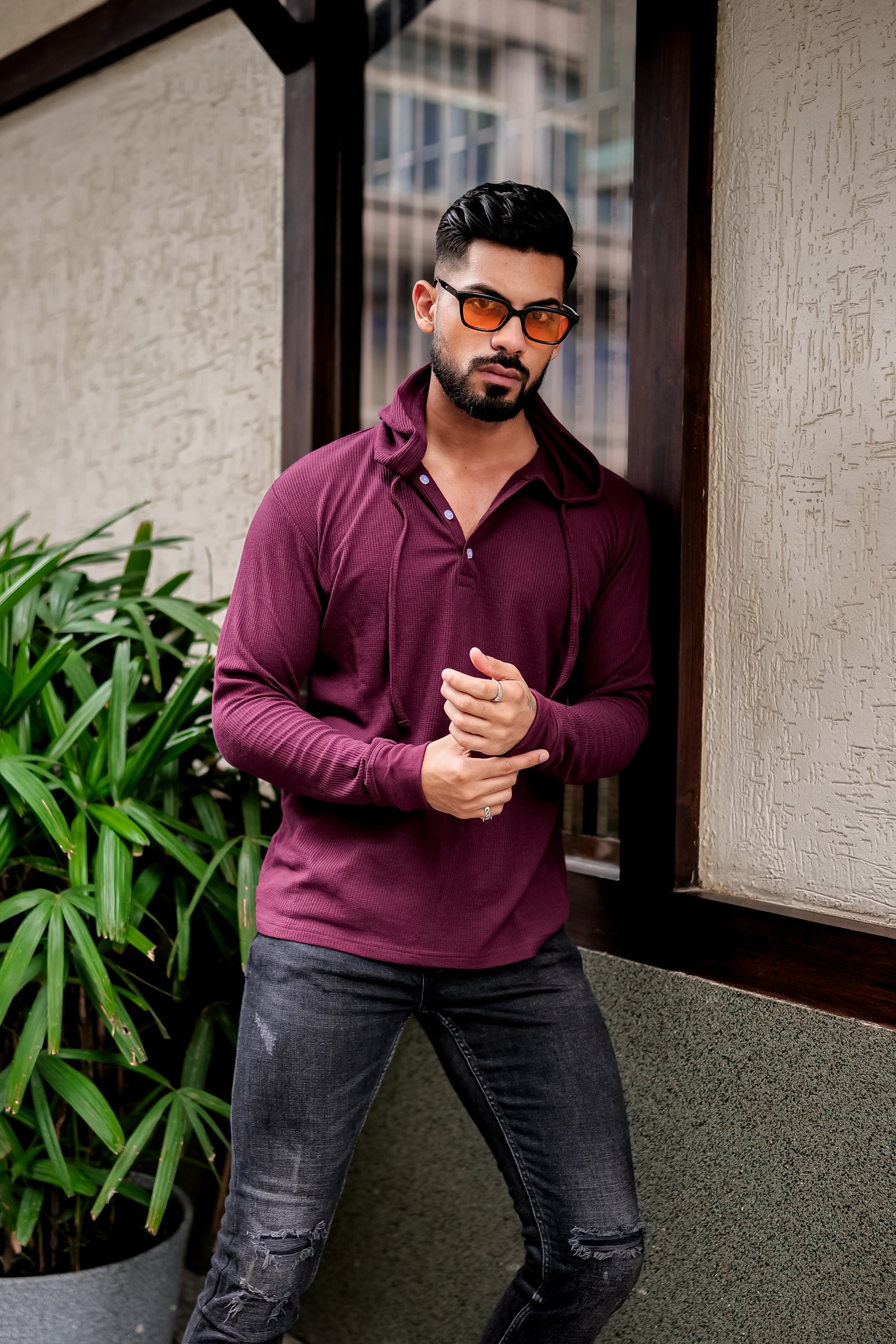 Wine Waffle Placket Hooded T-Shirt