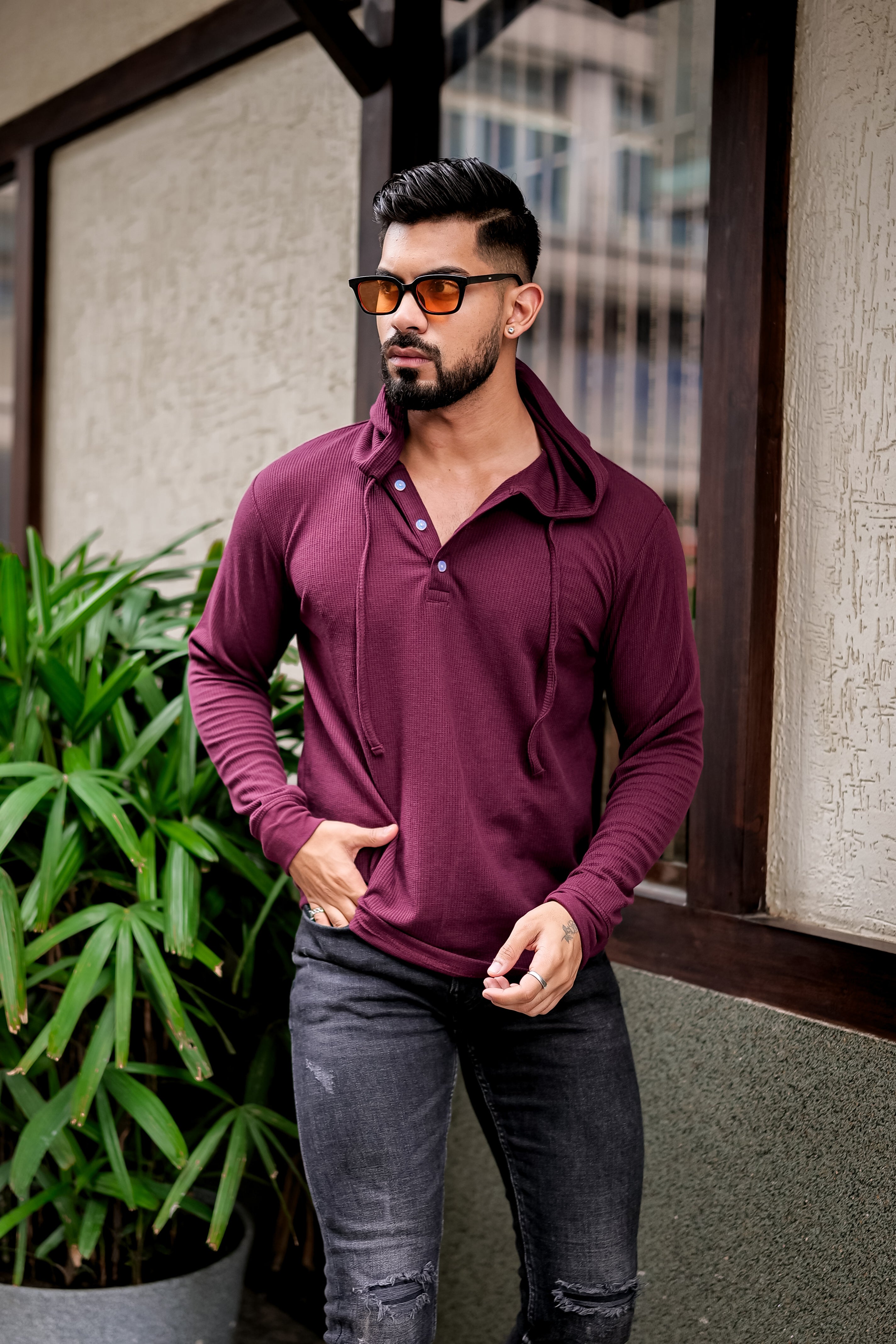 Wine Waffle Placket Hooded T-Shirt
