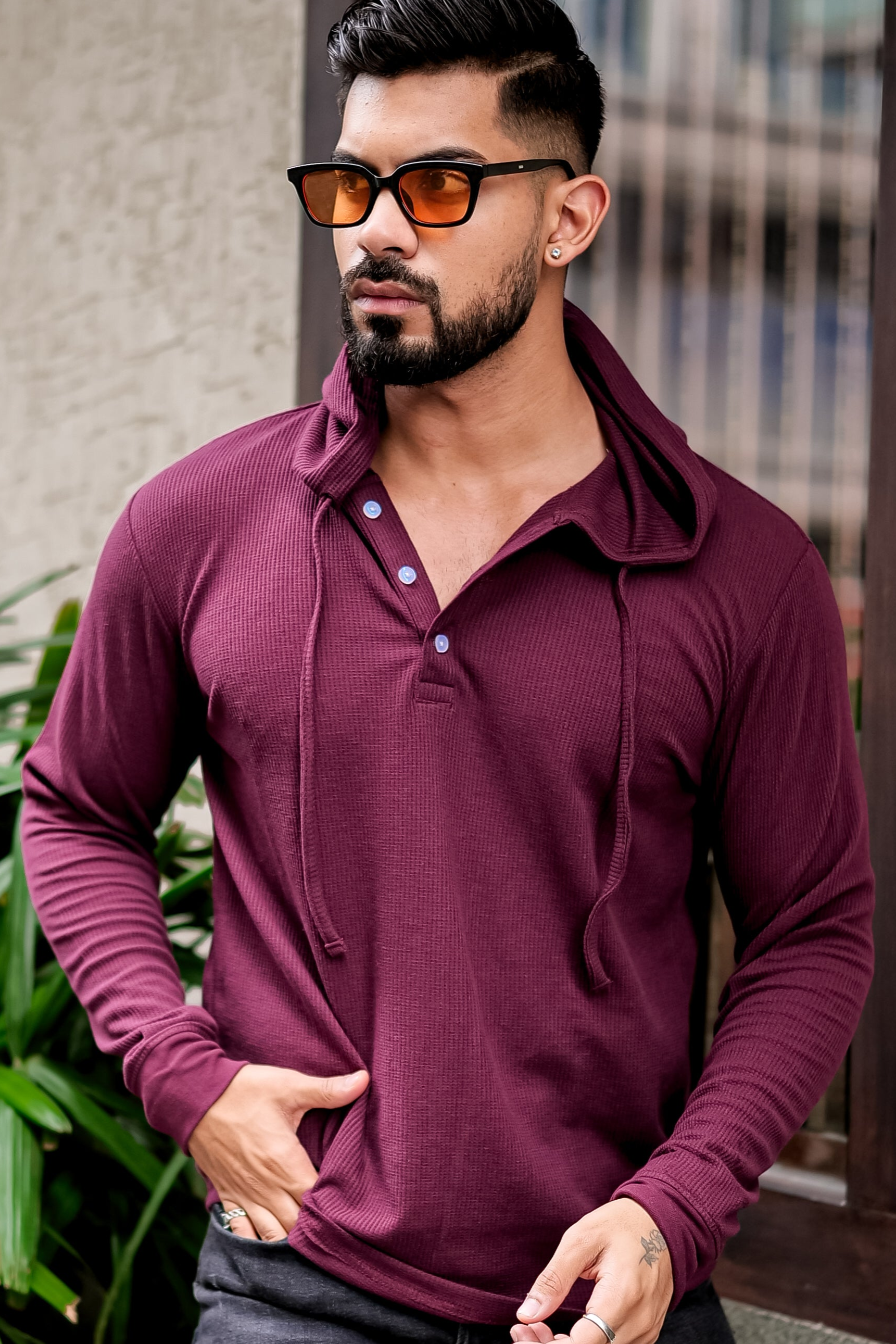 Wine Waffle Placket Hooded T-Shirt