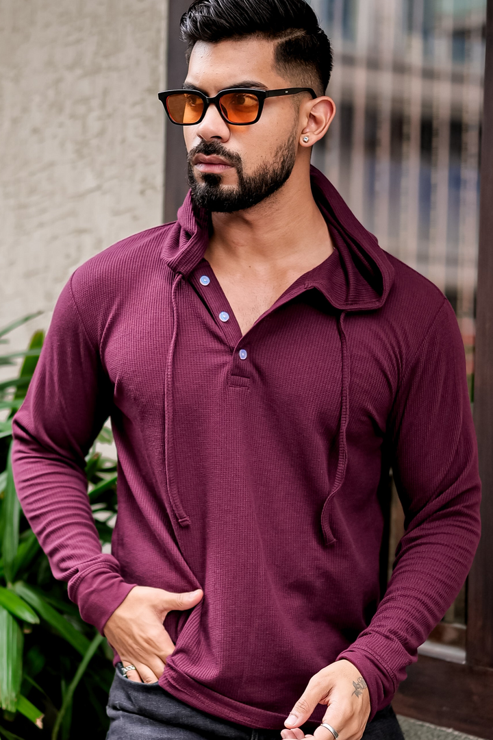 Wine Waffle Placket Hooded T-Shirt