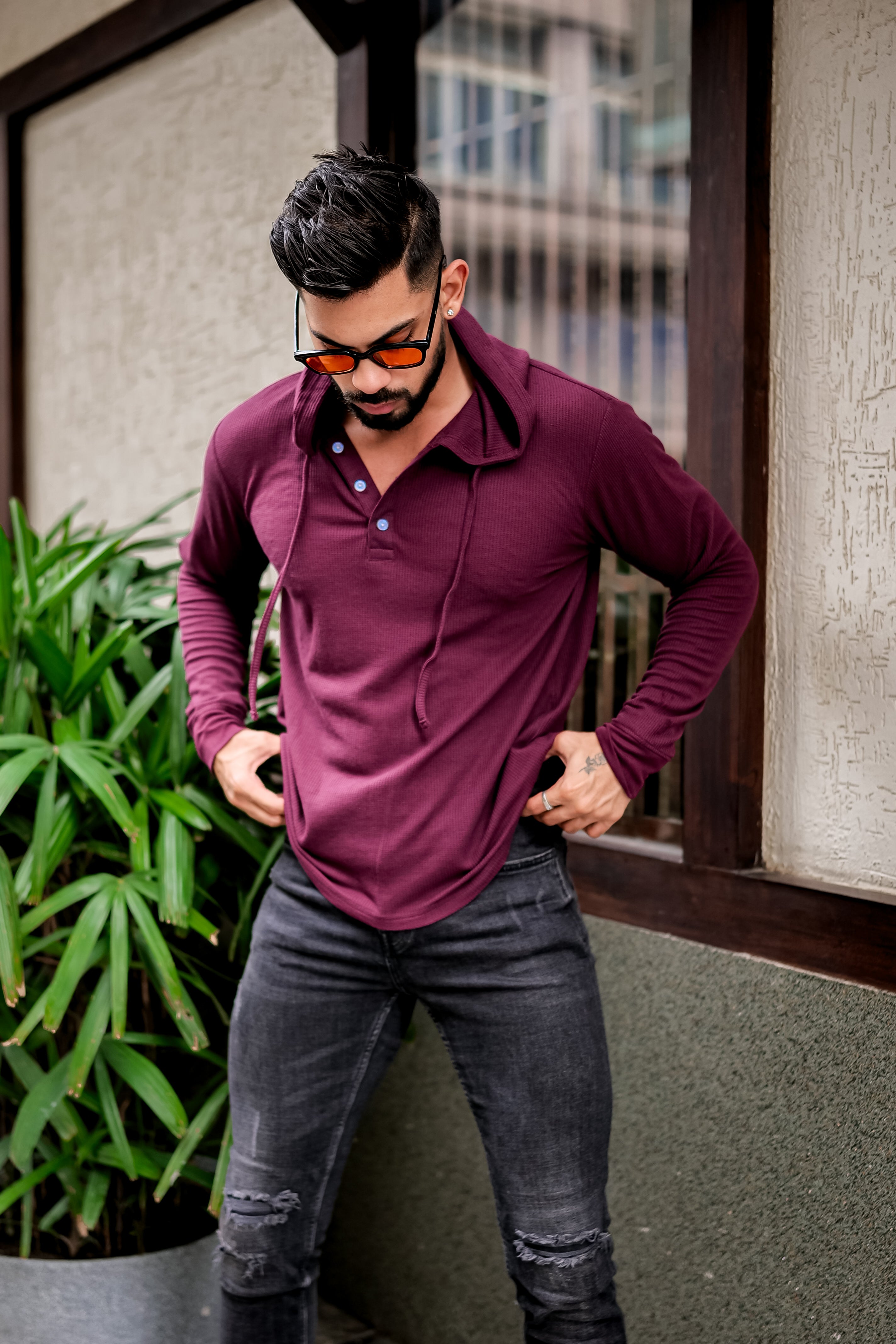 Wine Waffle Placket Hooded T-Shirt