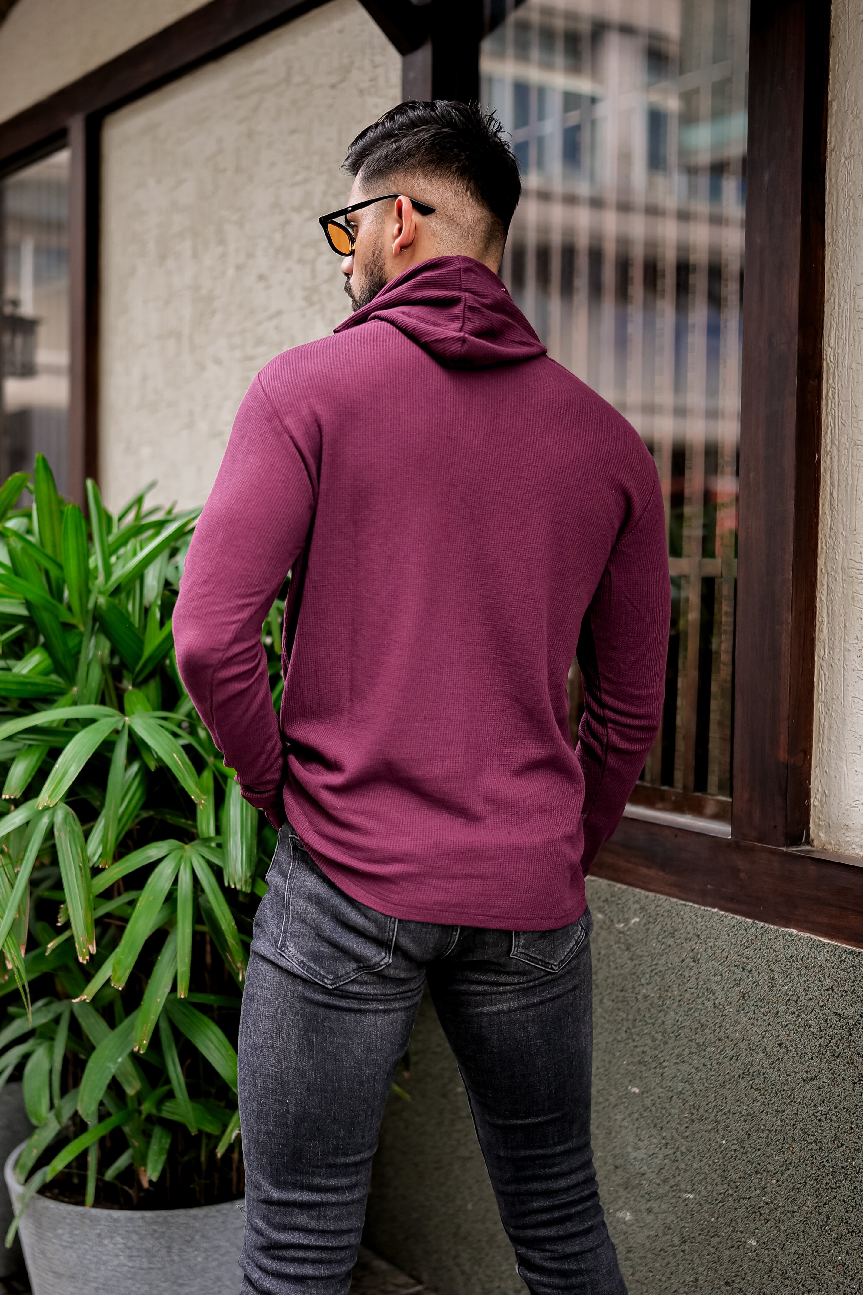 Wine Waffle Placket Hooded T-Shirt