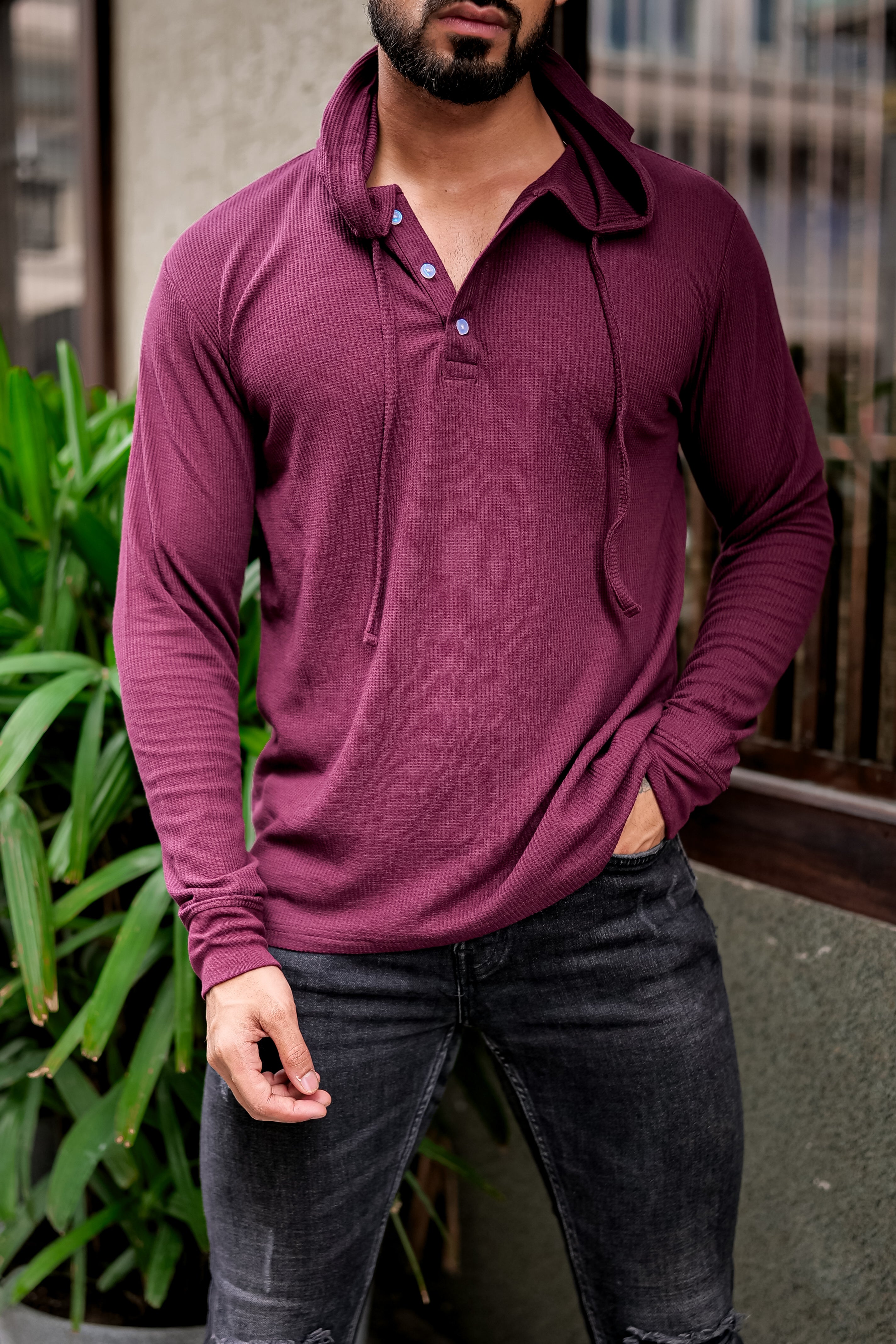 Wine Waffle Placket Hooded T-Shirt