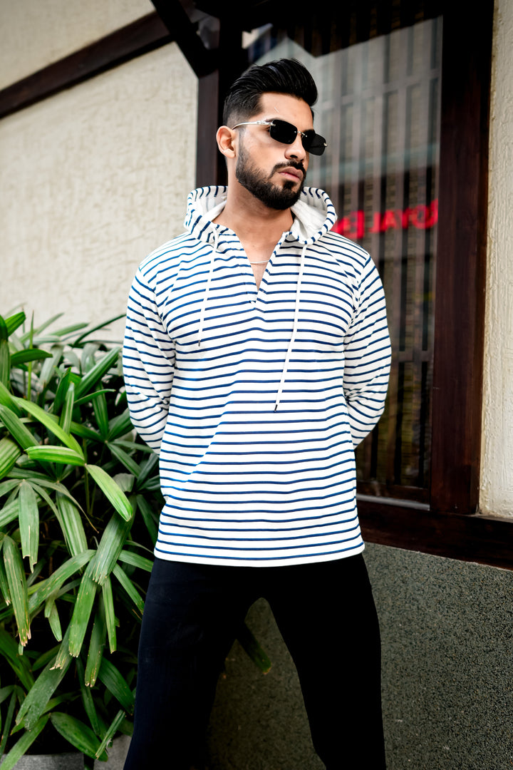 White Navy Blue Striper Hooded T-Shirt