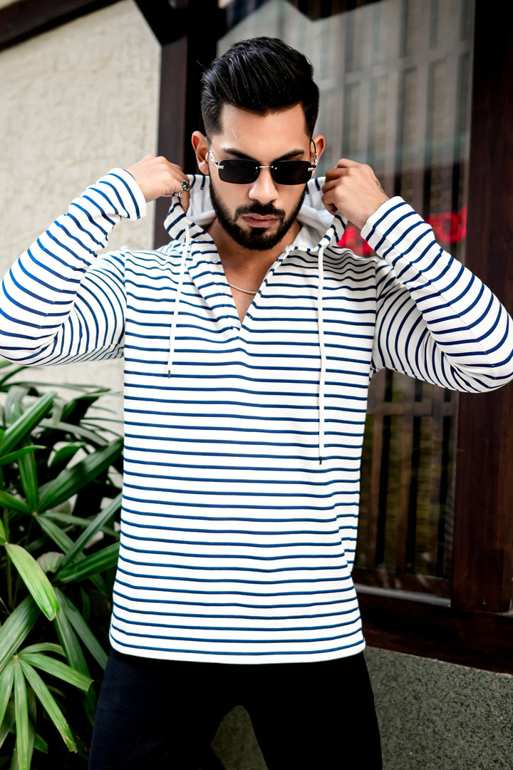 White Navy Blue Striper Hooded T-Shirt