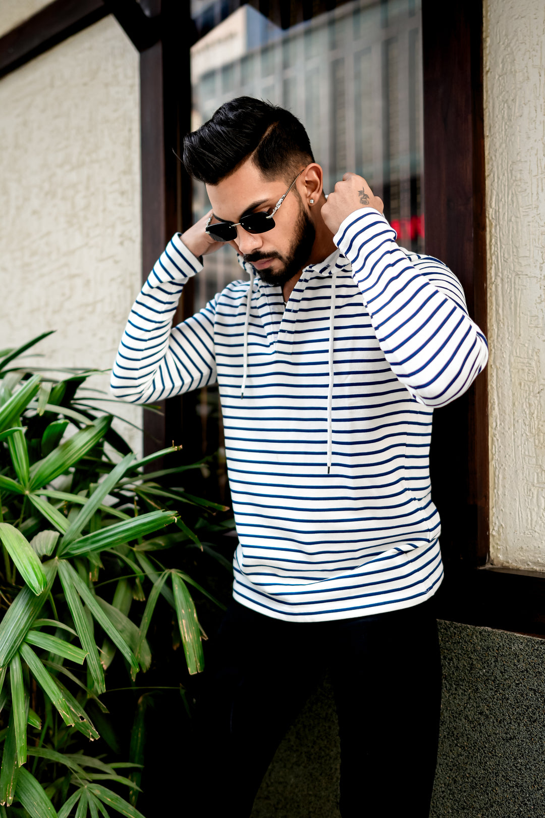 White Navy Blue Striper Hooded T-Shirt