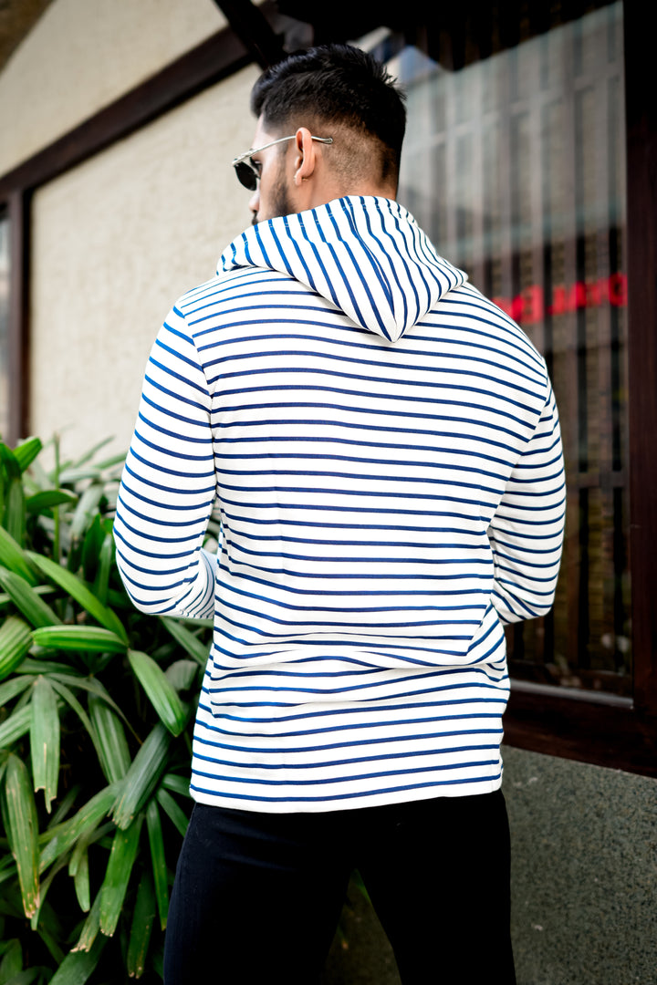 White Navy Blue Striper Hooded T-Shirt
