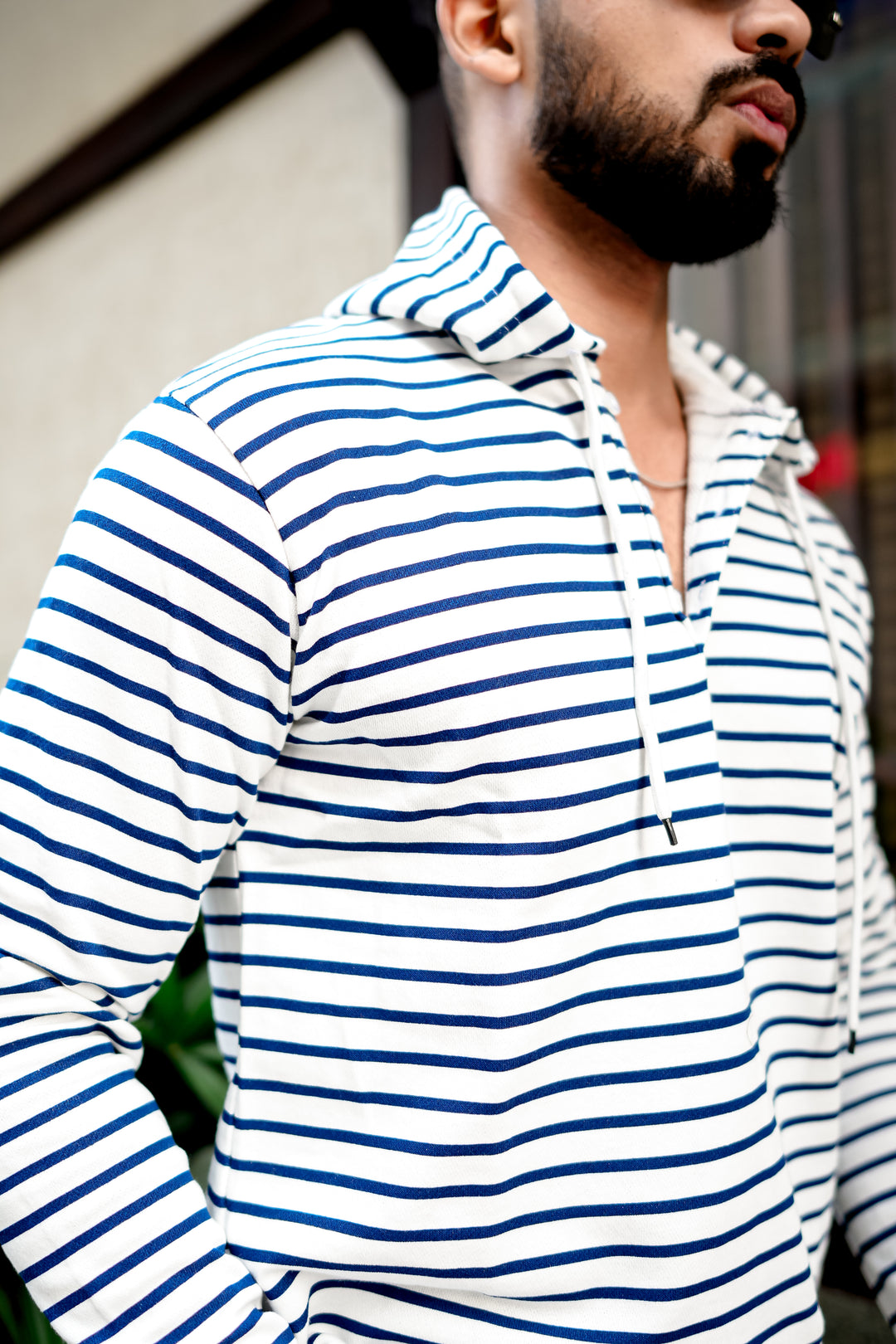 White Navy Blue Striper Hooded T-Shirt
