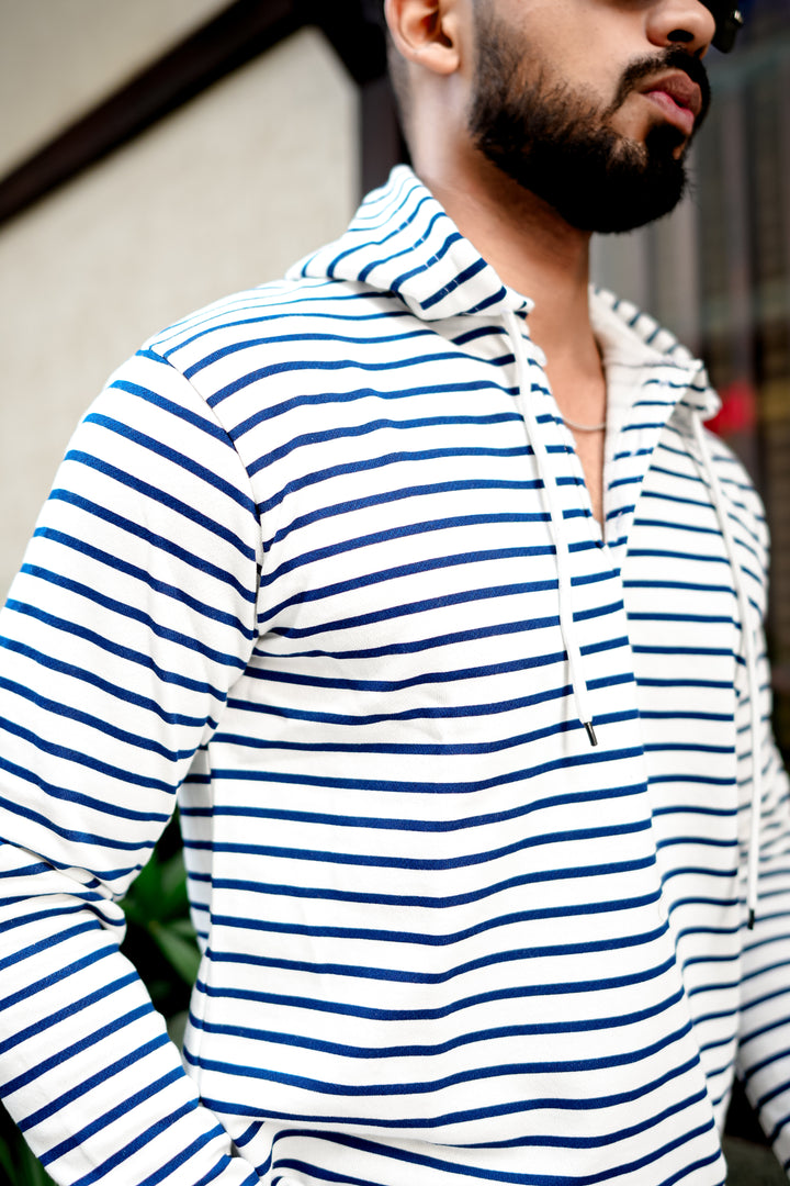 White Navy Blue Striper Hooded T-Shirt