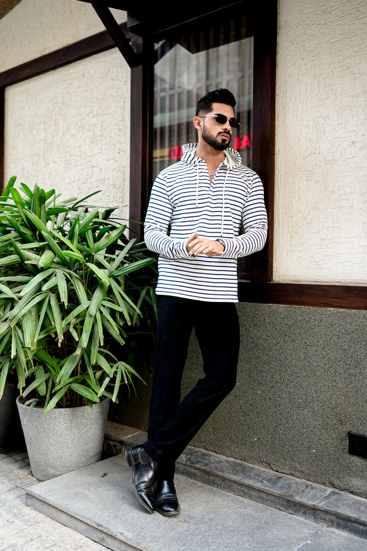 White Navy Blue Striper Hooded T-Shirt