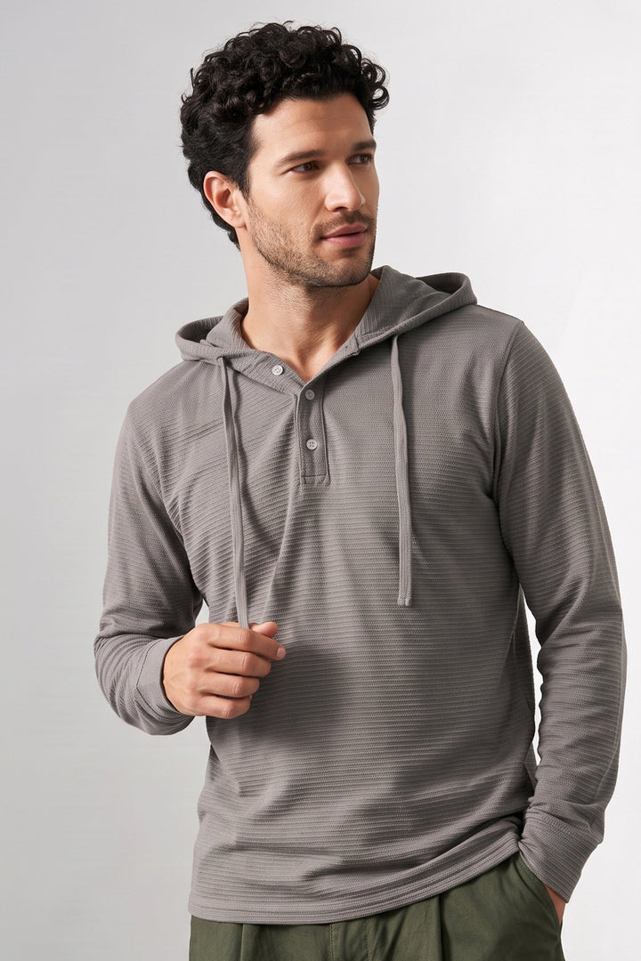 Grey Ottoman Long Sleeve Hooded Henley T-Shirt