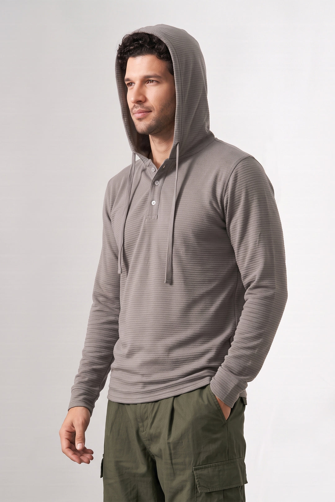 Grey Ottoman Long Sleeve Hooded Henley T-Shirt