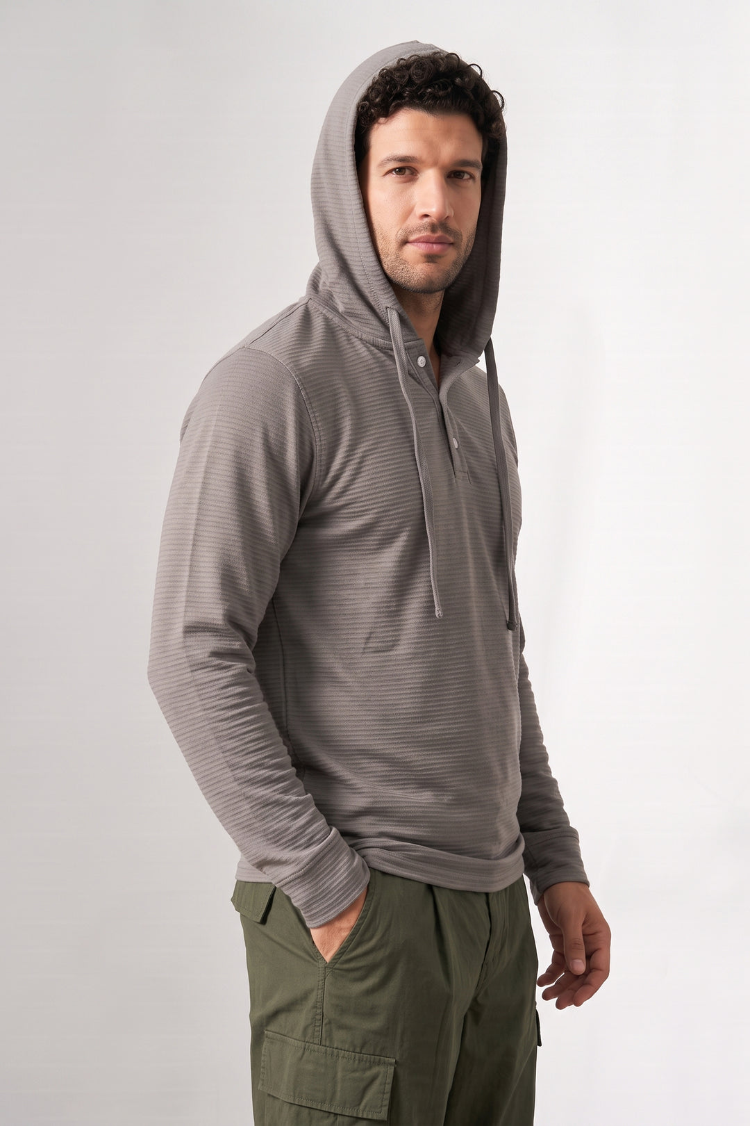 Grey Ottoman Long Sleeve Hooded Henley T-Shirt