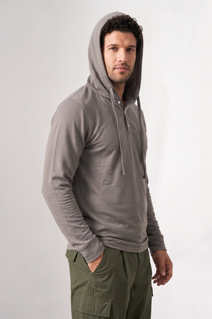 Grey Ottoman Long Sleeve Hooded Henley T-Shirt