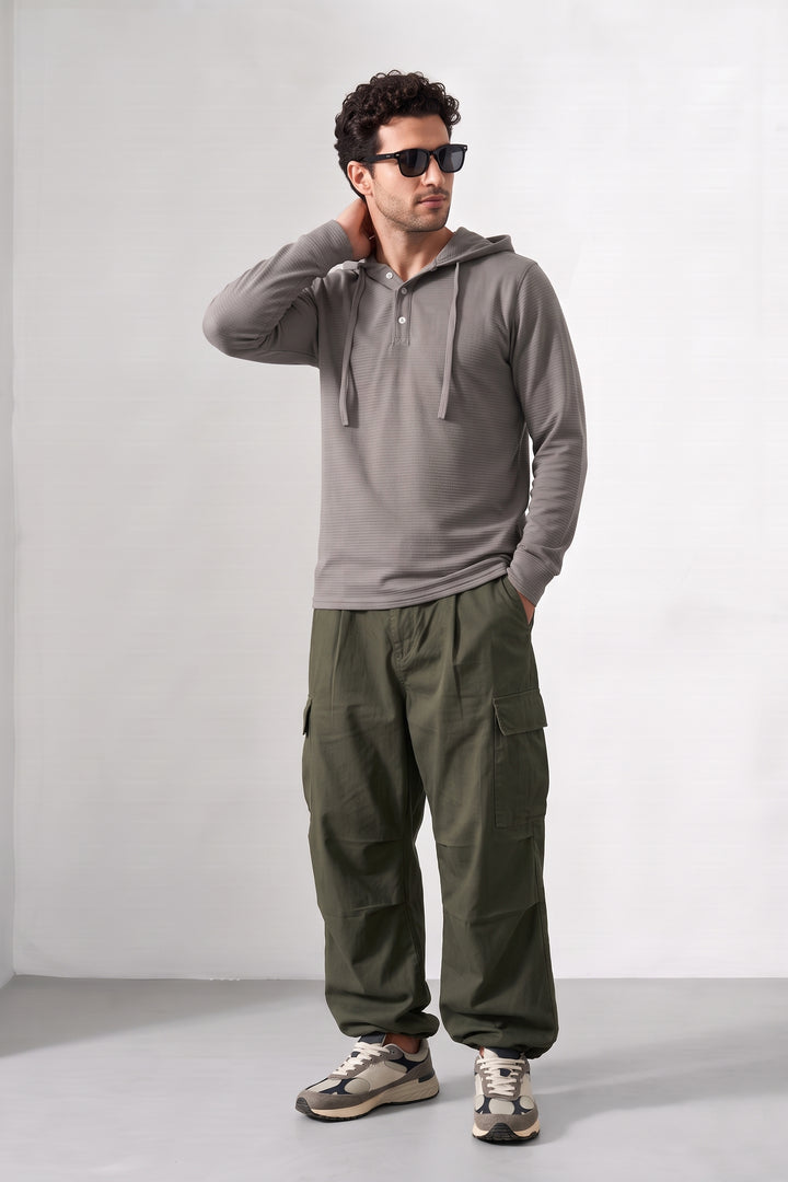 Grey Ottoman Long Sleeve Hooded Henley T-Shirt