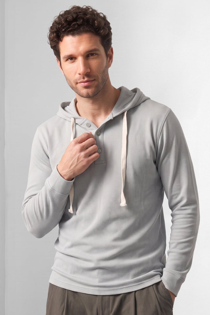 Grey Matty Long Sleeve Hooded Henley T-Shirt