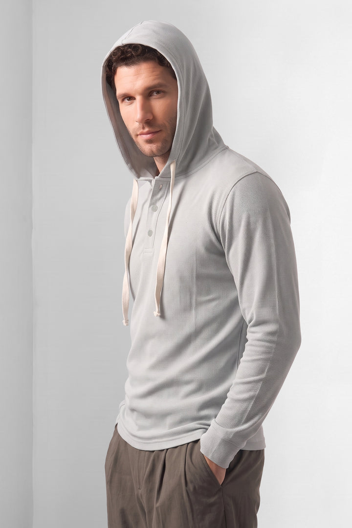 Grey Matty Long Sleeve Hooded Henley T-Shirt