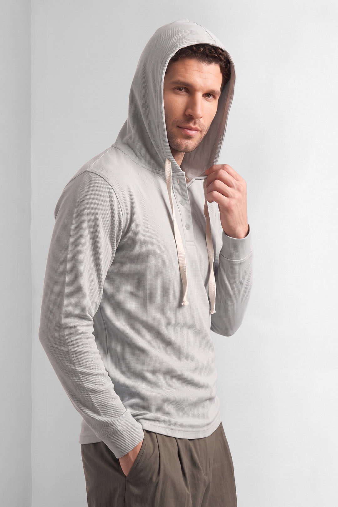 Grey Matty Long Sleeve Hooded Henley T-Shirt