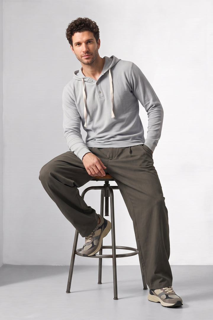 Grey Matty Long Sleeve Hooded Henley T-Shirt