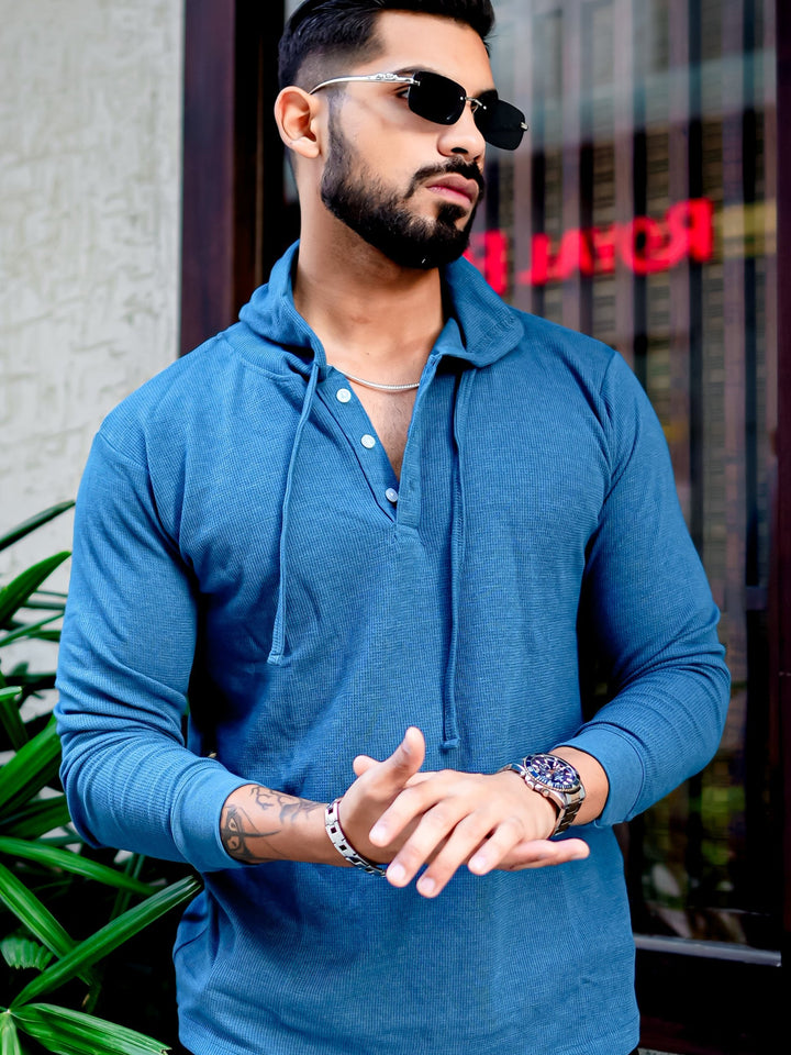 Turquoise Blue Waffle Placket Hooded T-Shirt