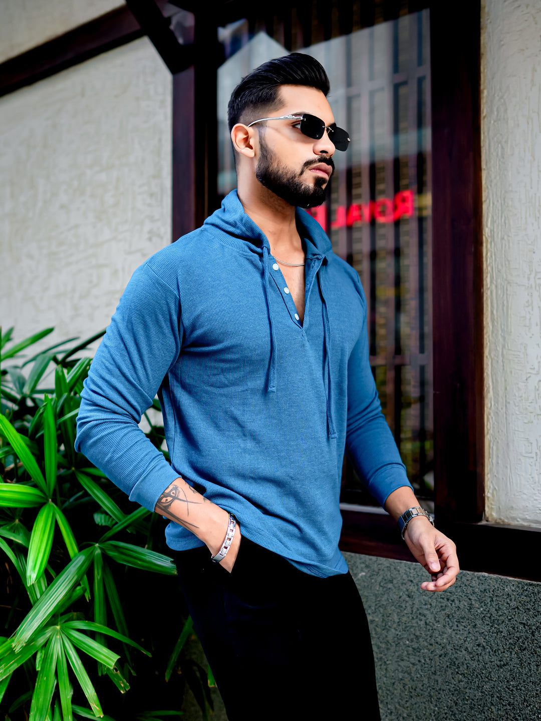 Turquoise Blue Waffle Placket Hooded T-Shirt