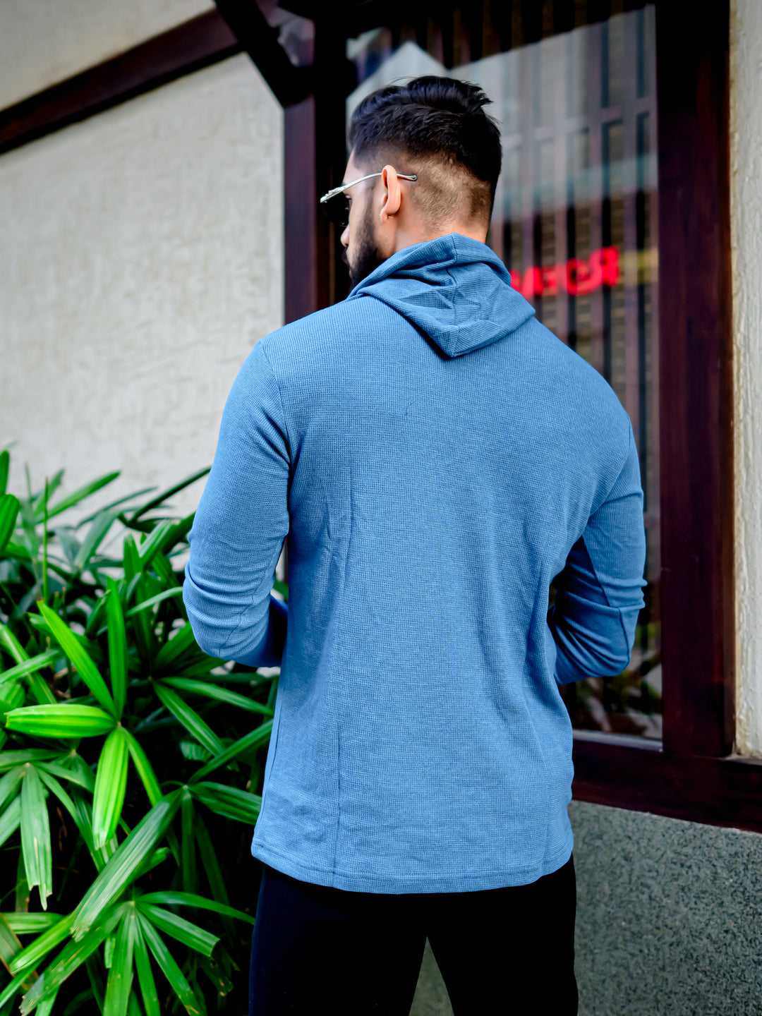Turquoise Blue Waffle Placket Hooded T-Shirt