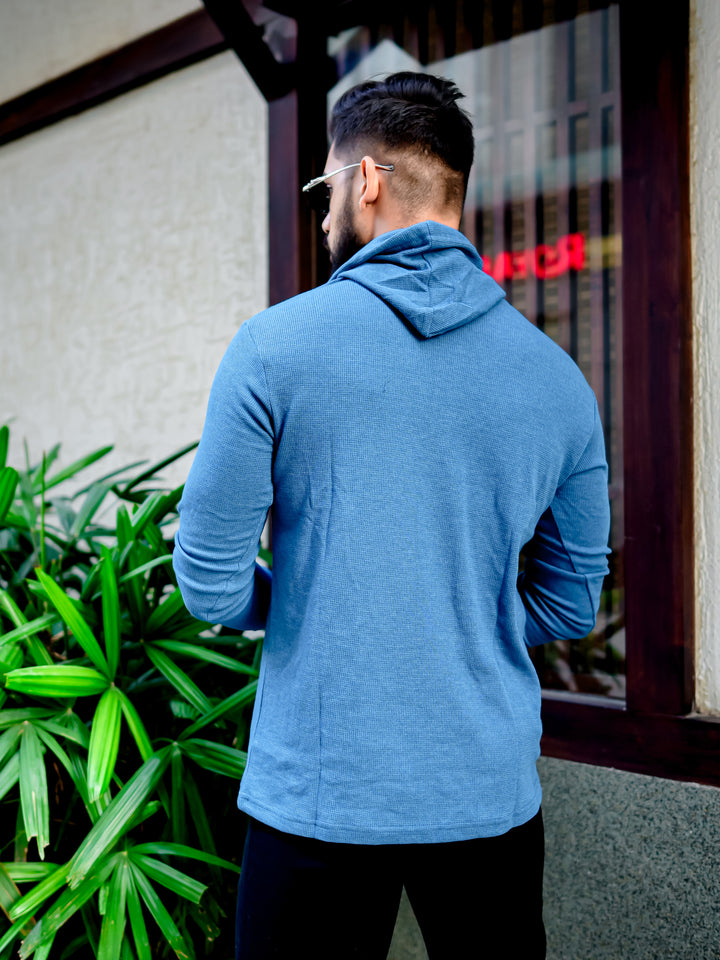 Turquoise Blue Waffle Placket Hooded T-Shirt
