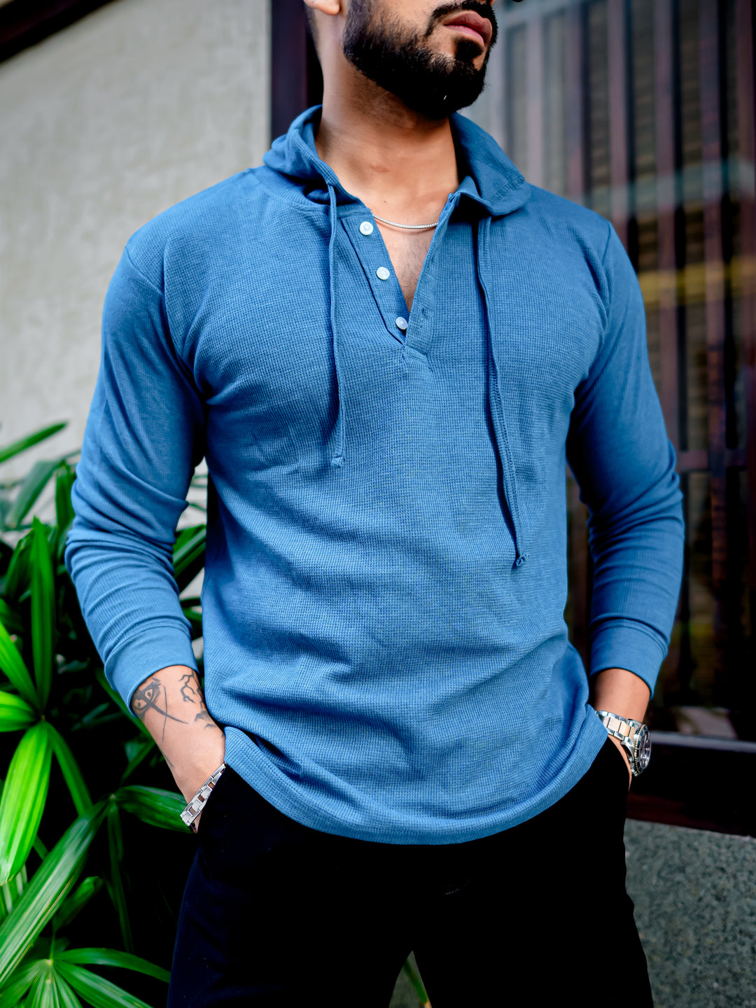 Turquoise Blue Waffle Placket Hooded T-Shirt