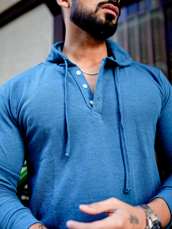 Turquoise Blue Waffle Placket Hooded T-Shirt