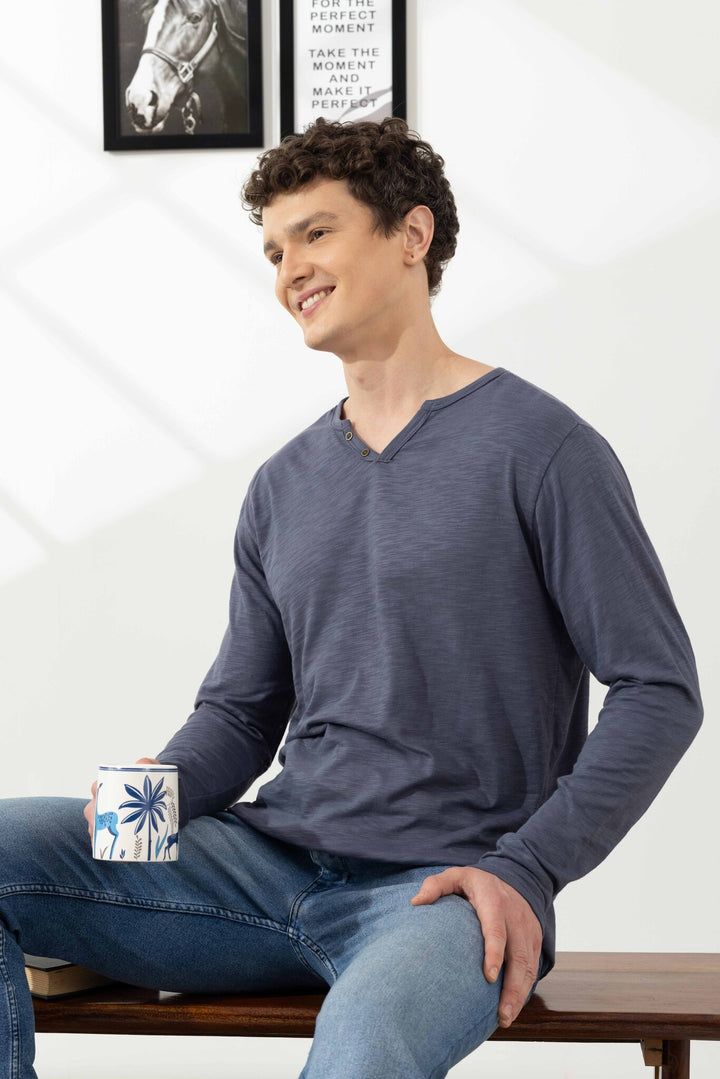 Anthra Cotton Slub Open Henley T-Shirt