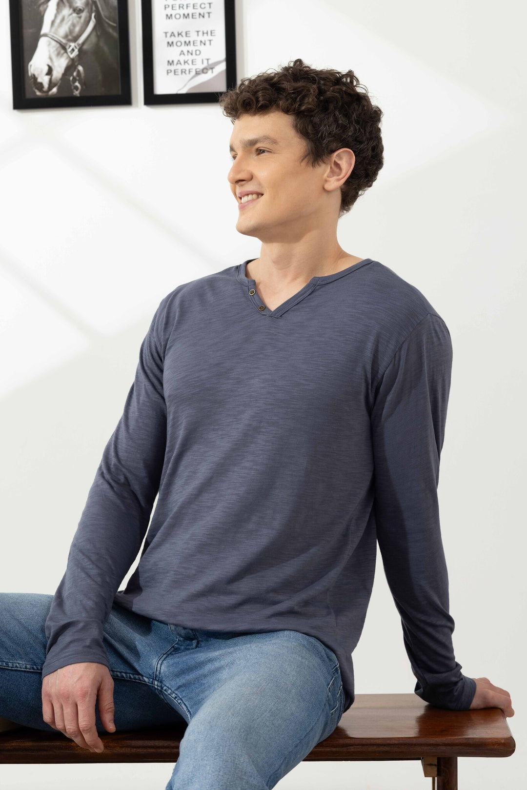 Anthra Cotton Slub Open Henley T-Shirt