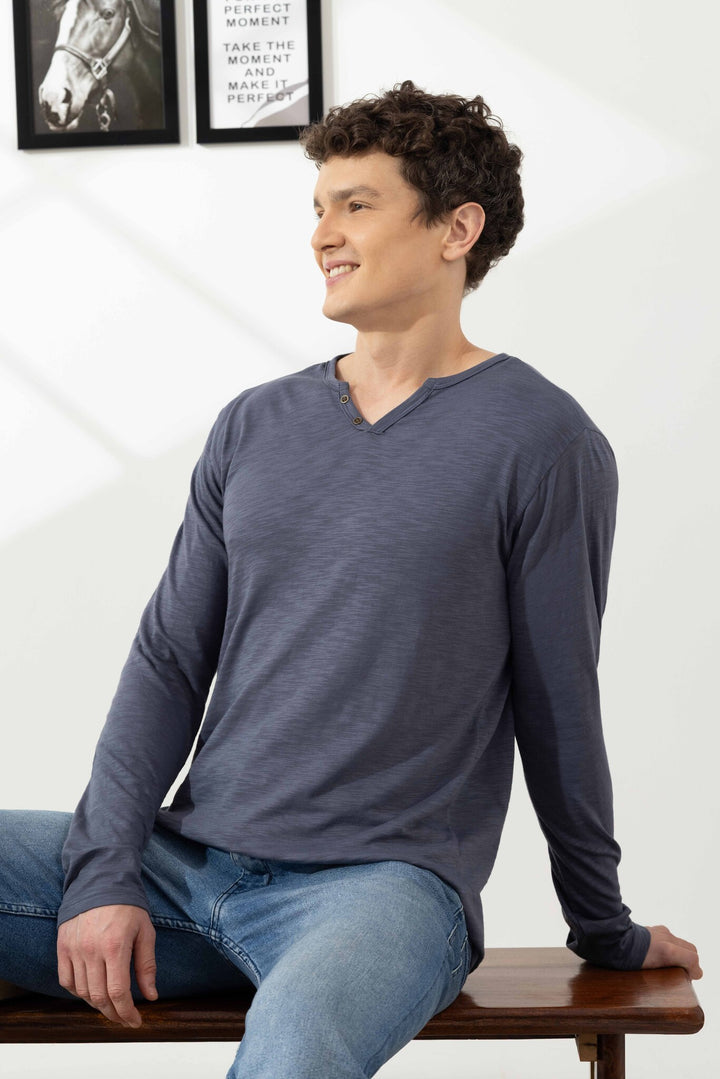 Anthra Cotton Slub Open Henley T-Shirt