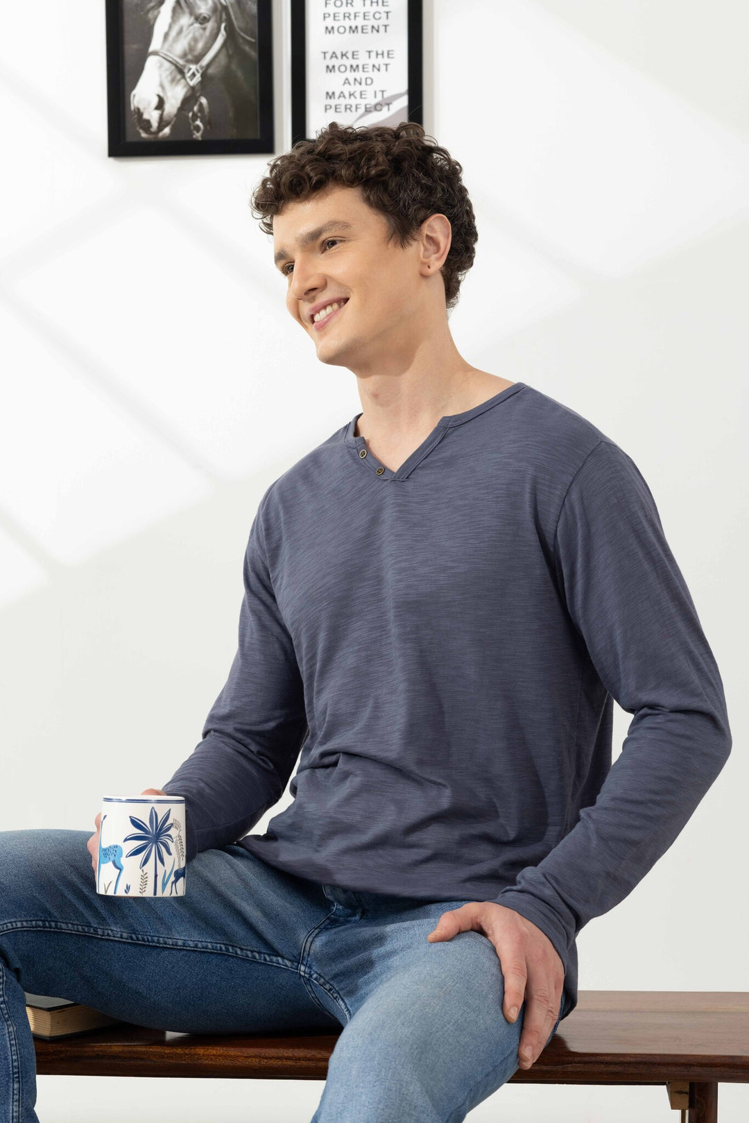 Anthra Cotton Slub Open Henley T-Shirt