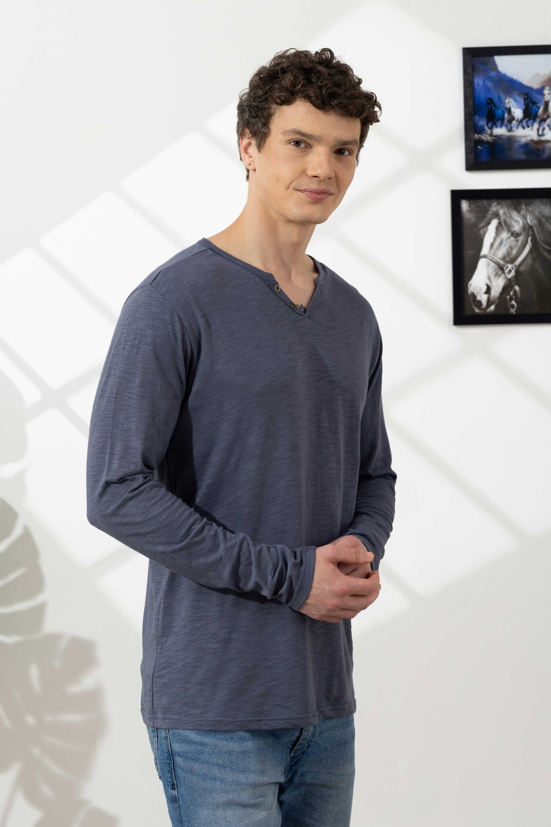 Anthra Cotton Slub Open Henley T-Shirt