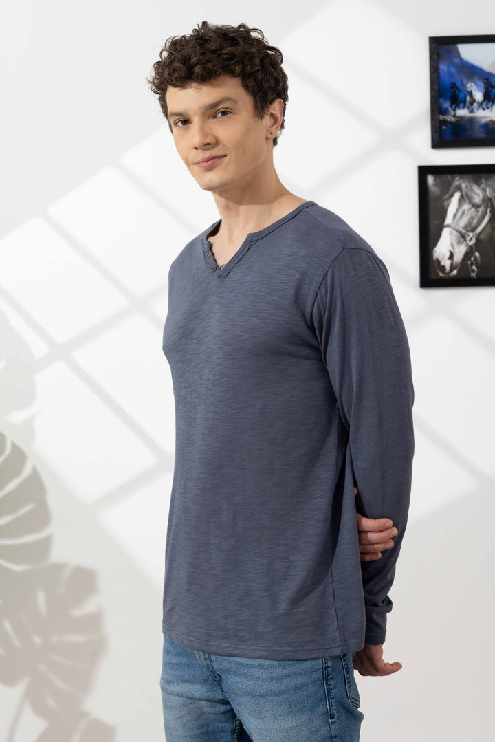 Anthra Cotton Slub Open Henley T-Shirt